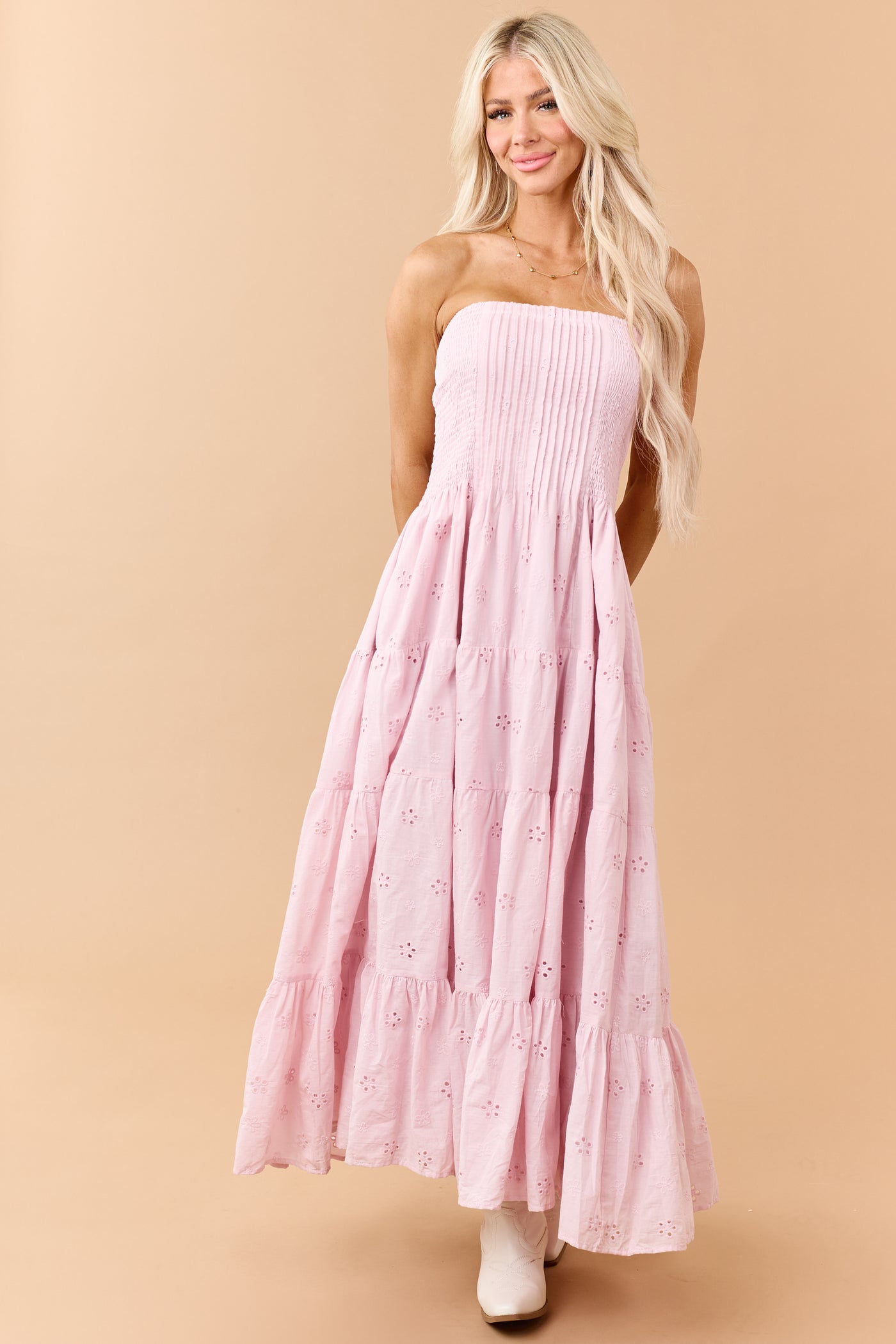 Dusty Blush Eyelet Cotton Pintuck Bodice Midi Dress