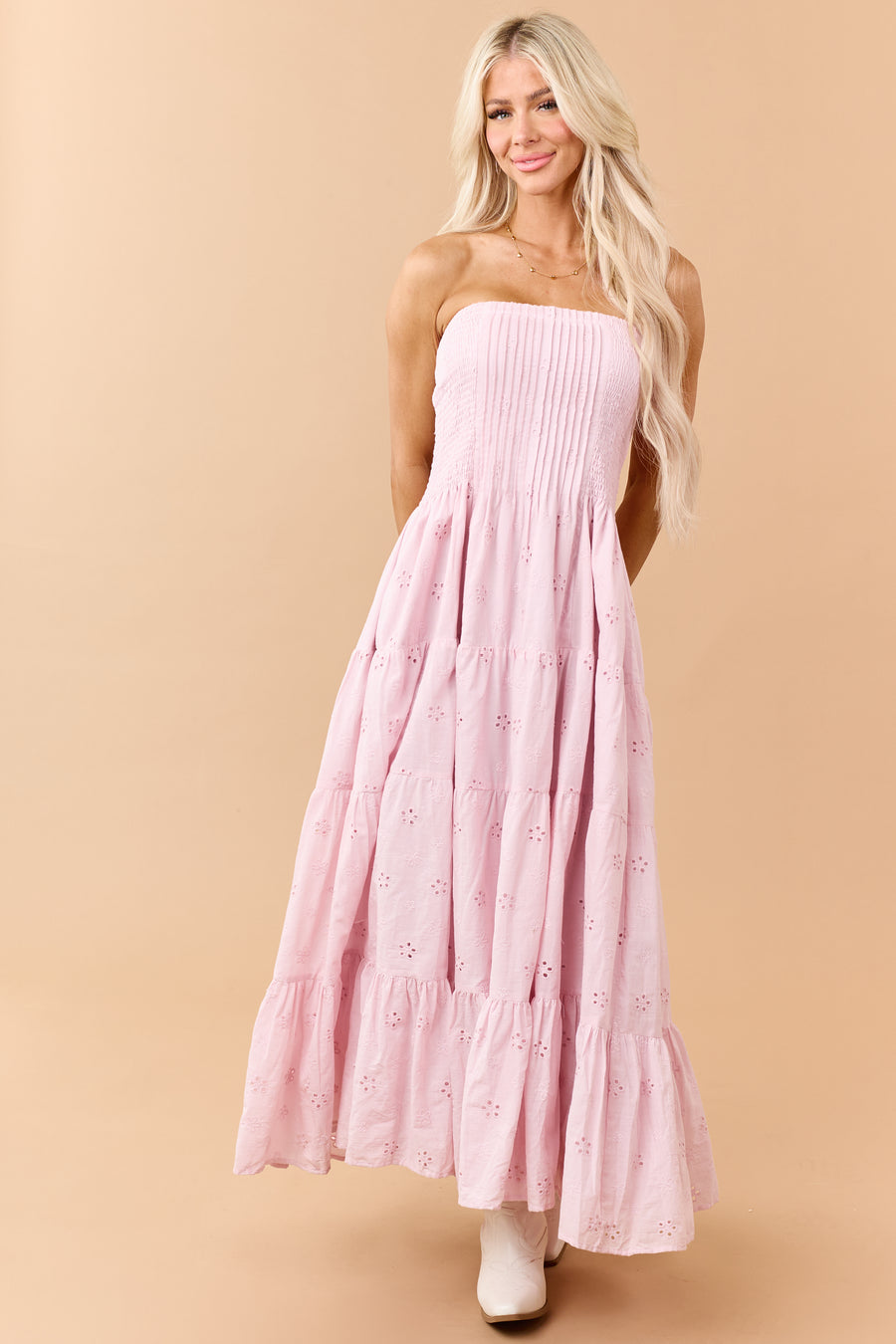 Dusty Blush Eyelet Cotton Pintuck Bodice Midi Dress
