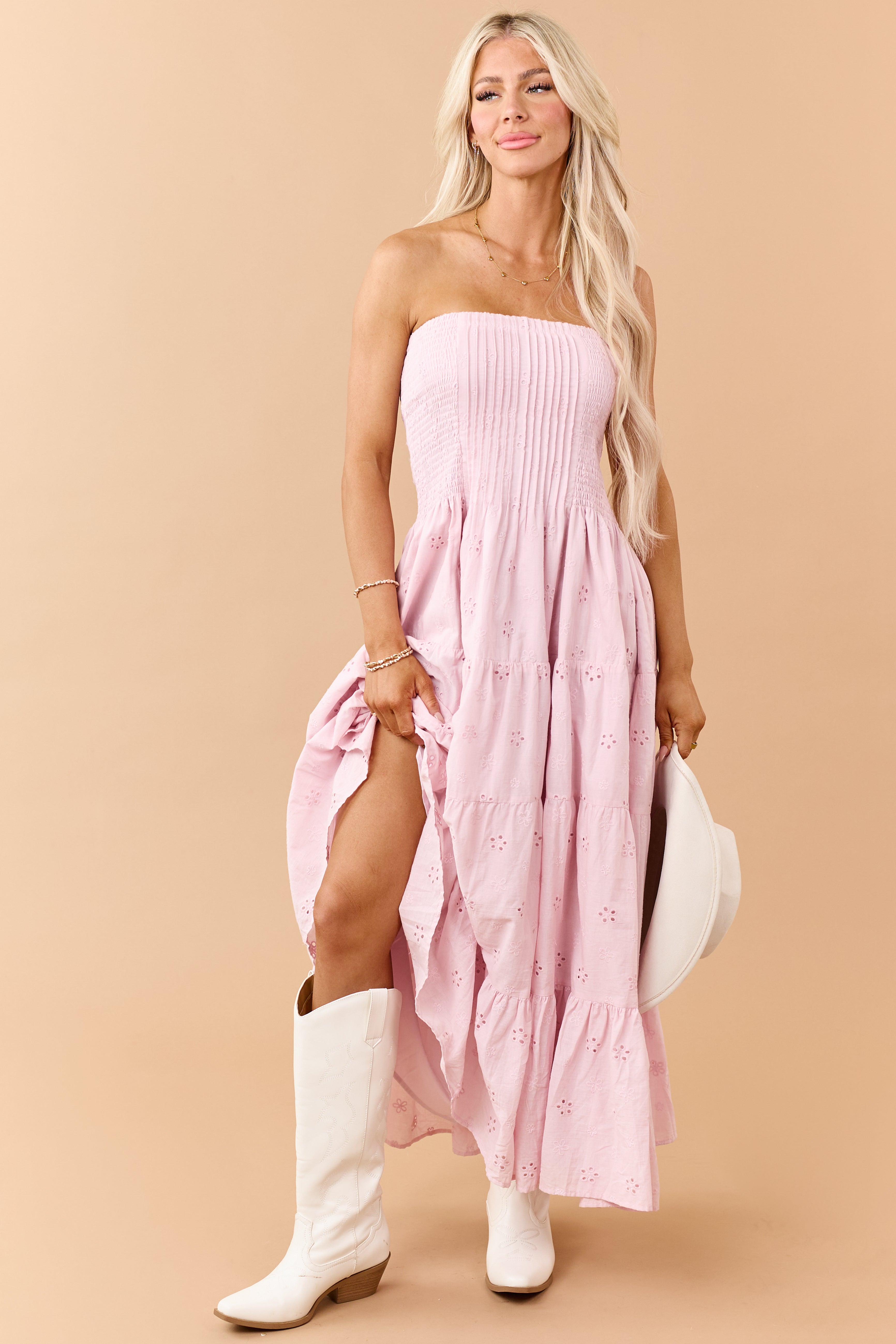 Dusty Blush Eyelet Cotton Pintuck Bodice Midi Dress