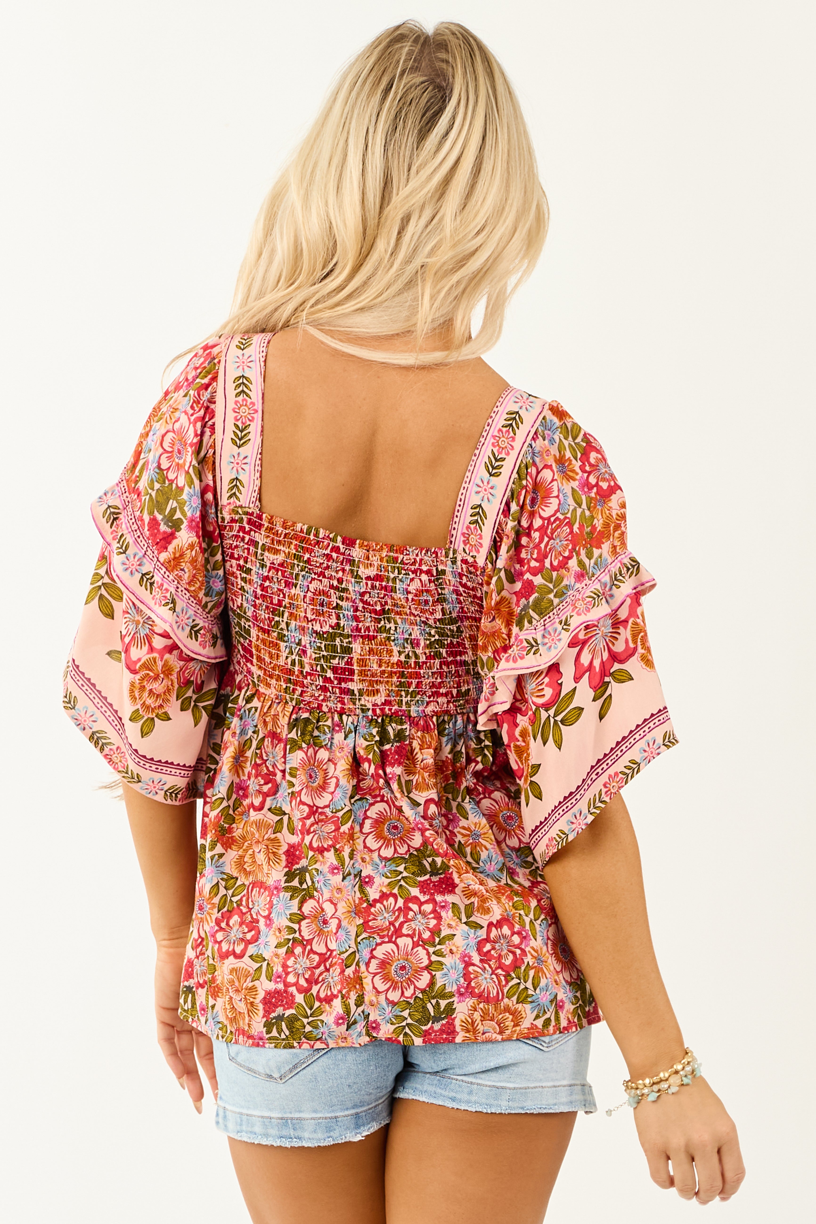 Dusty Blush Floral Half Ruffle Sleeve Babydoll Top