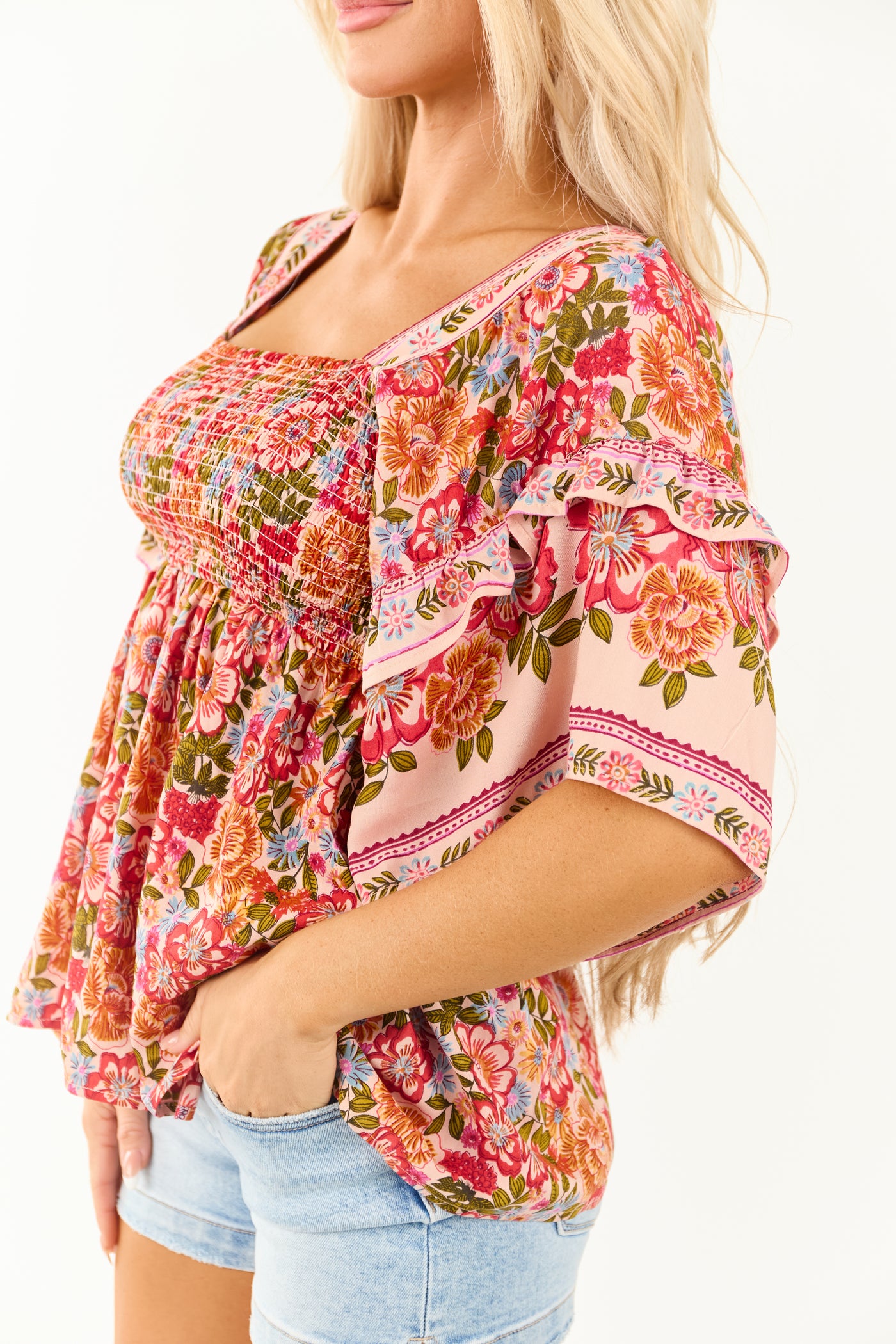 Dusty Blush Floral Half Ruffle Sleeve Babydoll Top