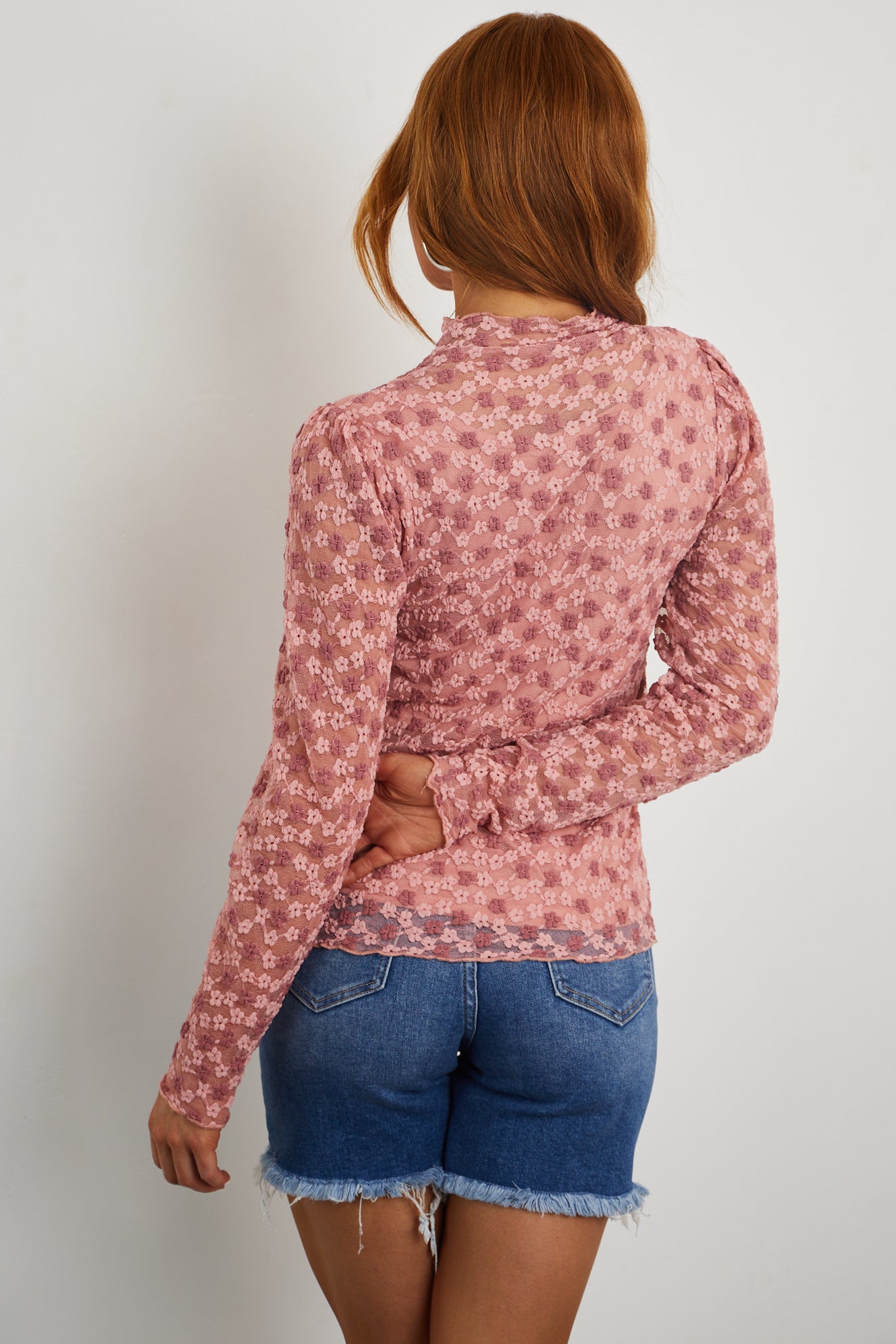 Dusty Blush Floral Lace Long Sleeve Mesh Top