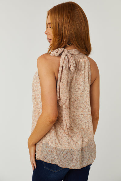 Dusty Blush Floral Print Halter Neck Tie Top