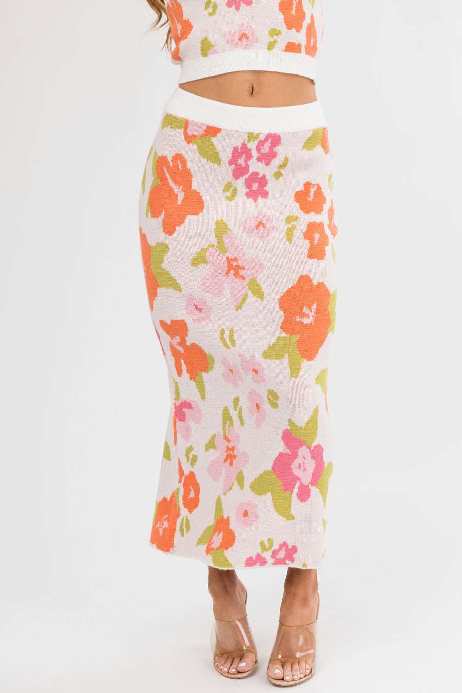 Dusty Blush Floral Print Knit Midi Skirt