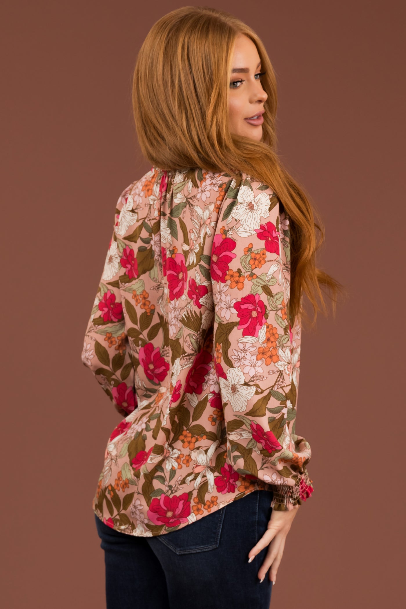 Dusty Blush Floral Print Long Smocked Sleeve Blouse