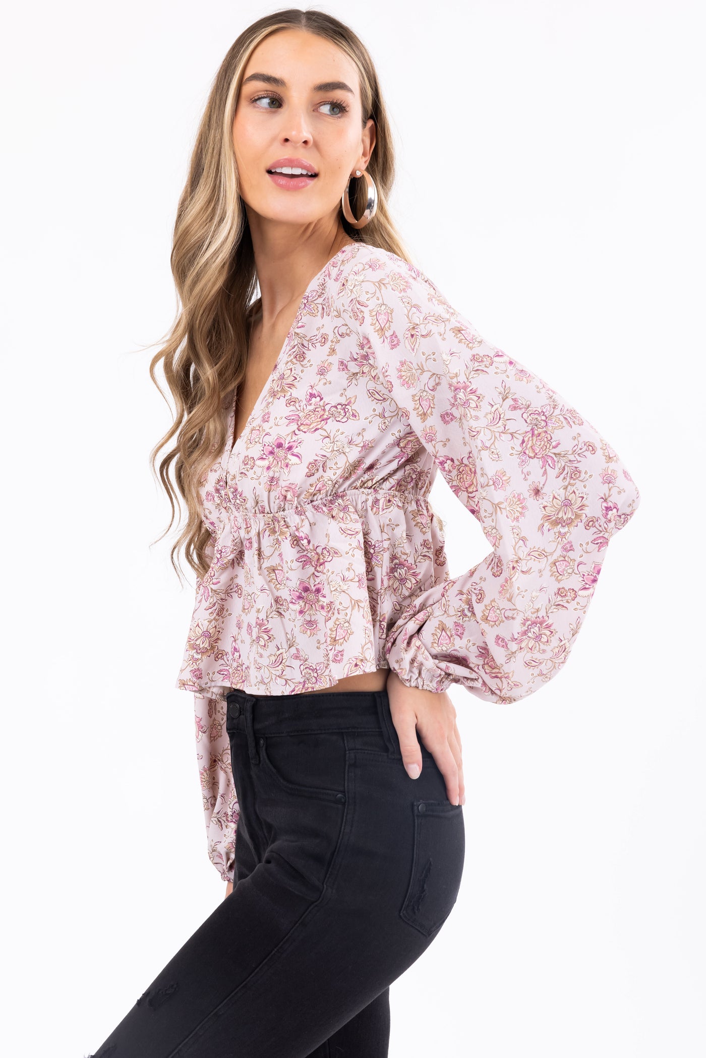 Dusty Blush Floral Print V Neck Long Sleeve Top