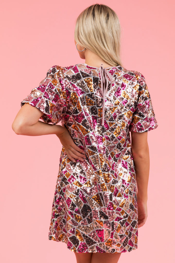 Dusty Blush Geometric Print Sequin Short Dress