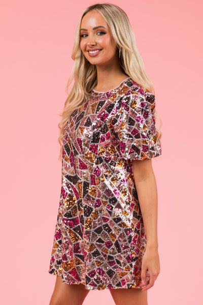 Dusty Blush Geometric Print Sequin Short Dress