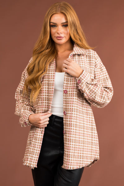 Dusty Blush Houndstooth Button Up Shacket
