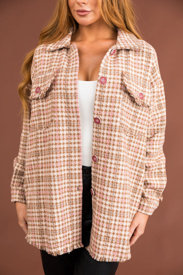 Dusty Blush Houndstooth Button Up Shacket