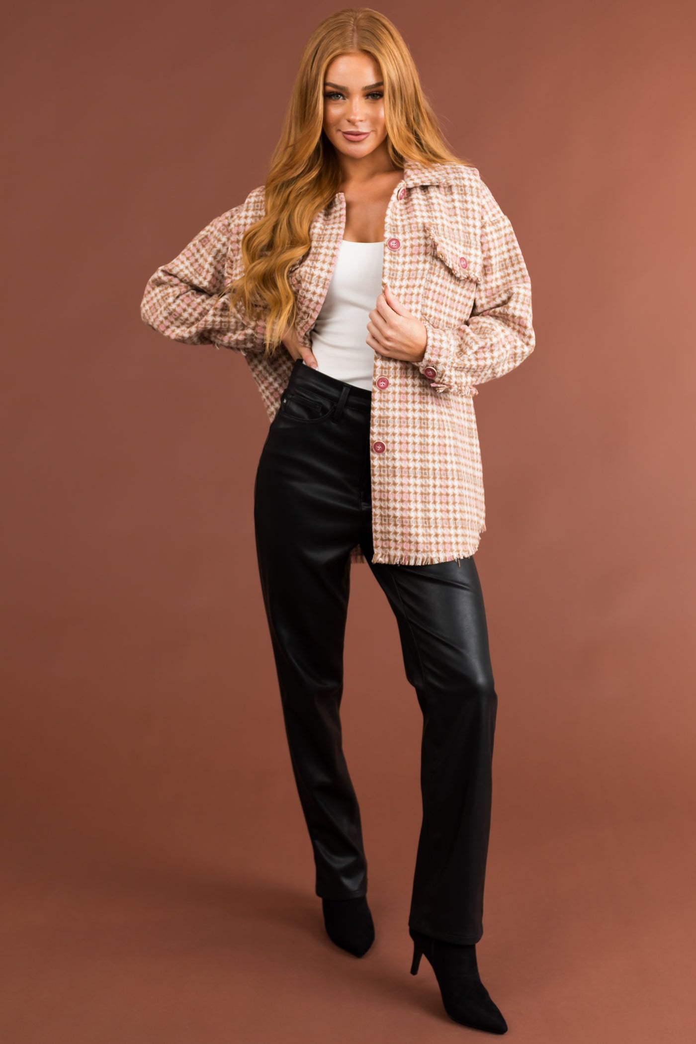 Dusty Blush Houndstooth Button Up Shacket