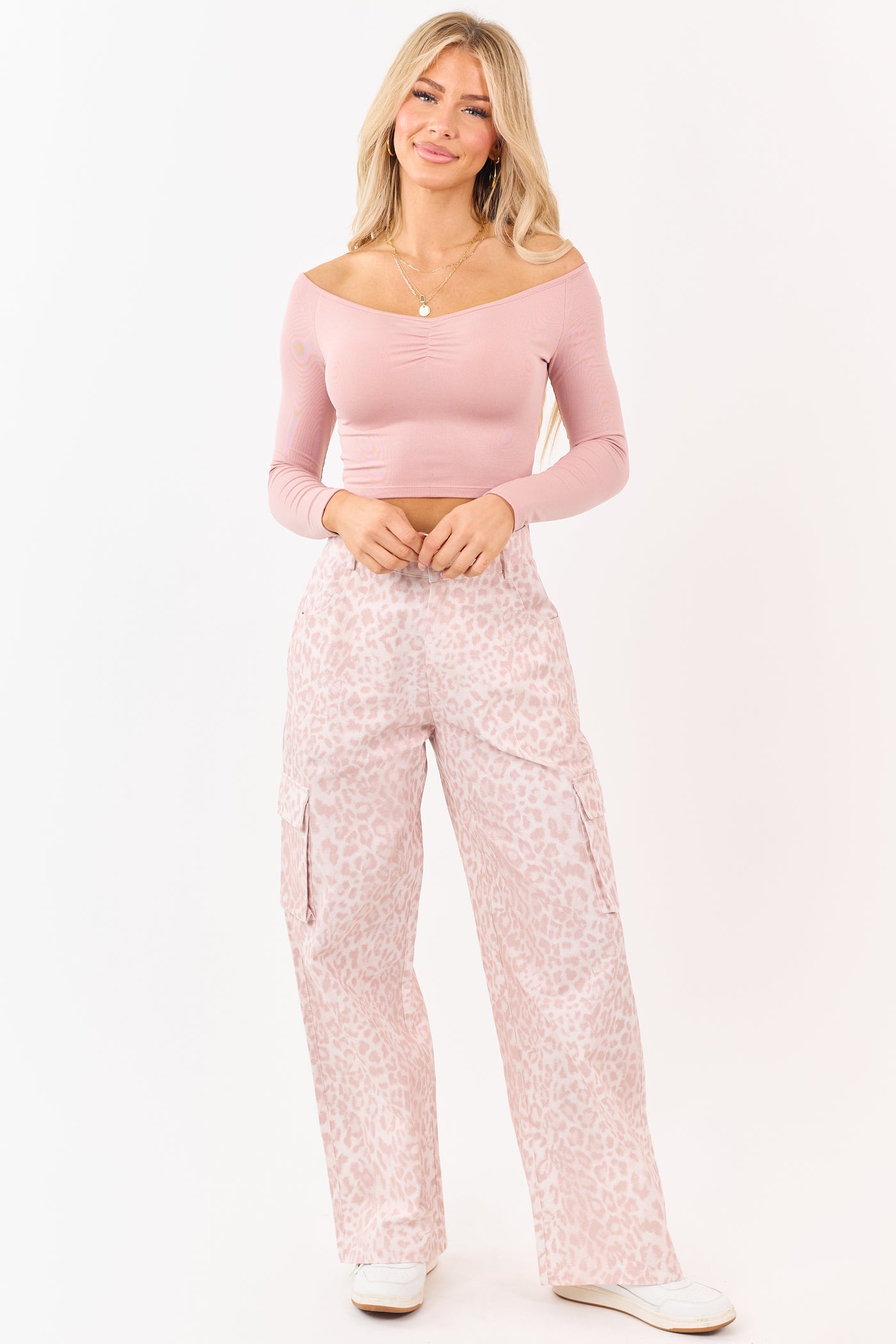 Dusty Blush Off Shoulder Ruched Long Sleeve Crop Top