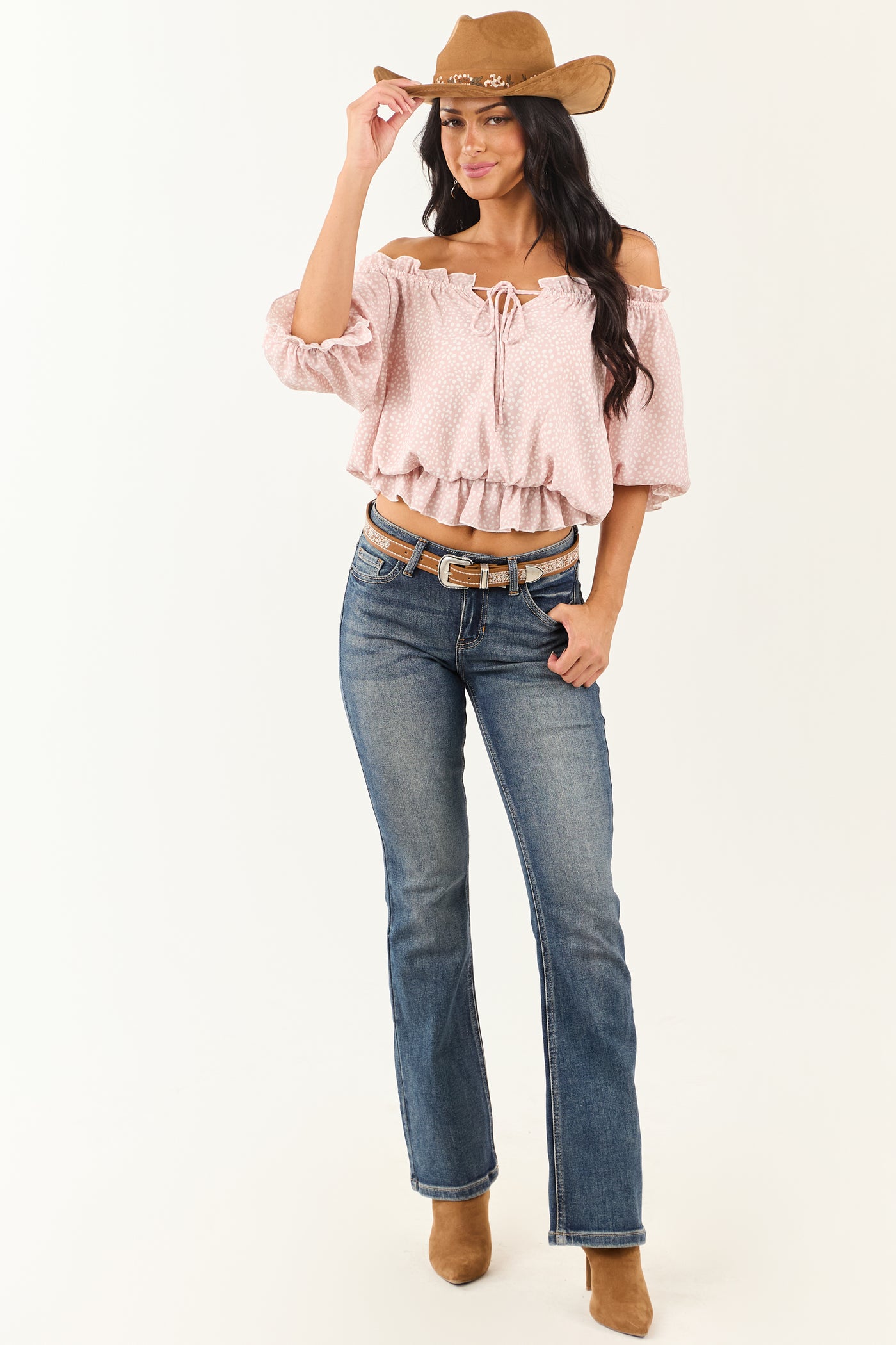Dusty Blush Pebble Print Off Shoulder Crop Top