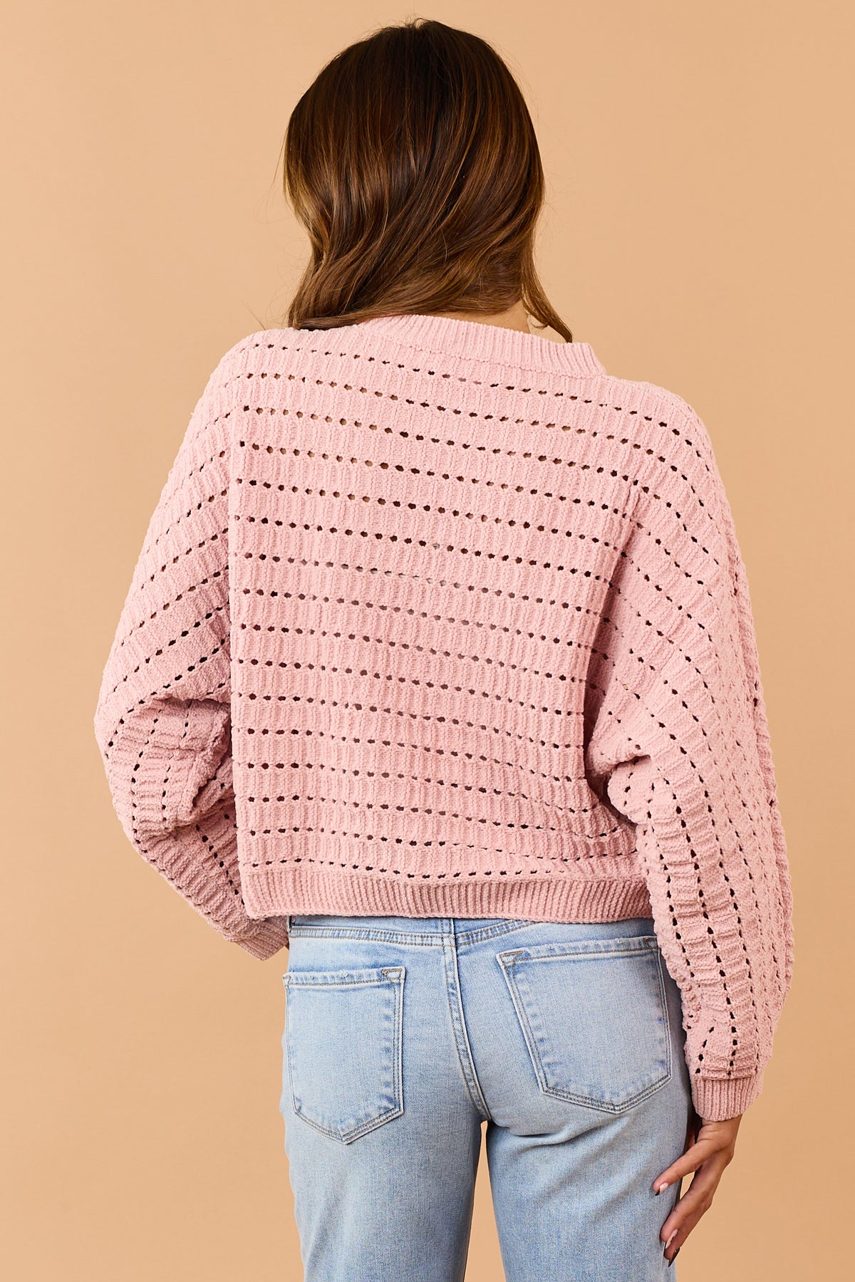 Dusty Blush Pointelle Boxy Chenille Knit Sweater