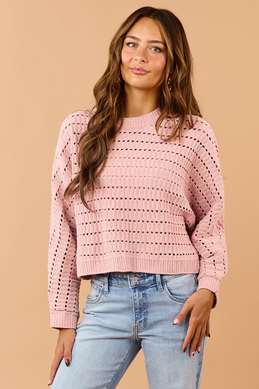 Dusty Blush Pointelle Boxy Chenille Knit Sweater