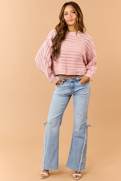 Dusty Blush Pointelle Boxy Chenille Knit Sweater
