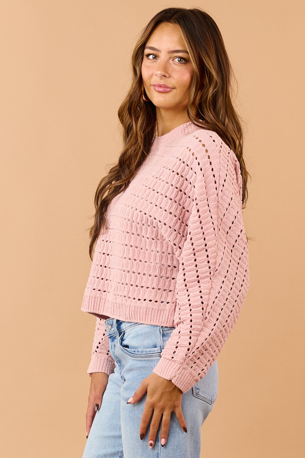 Dusty Blush Pointelle Boxy Chenille Knit Sweater