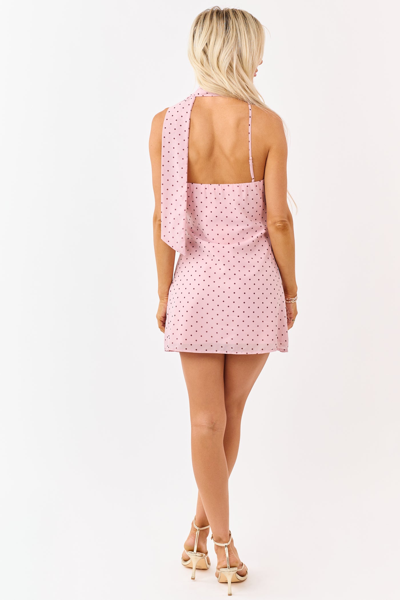 Dusty Blush Polka Dot Neck Tie Mini Dress