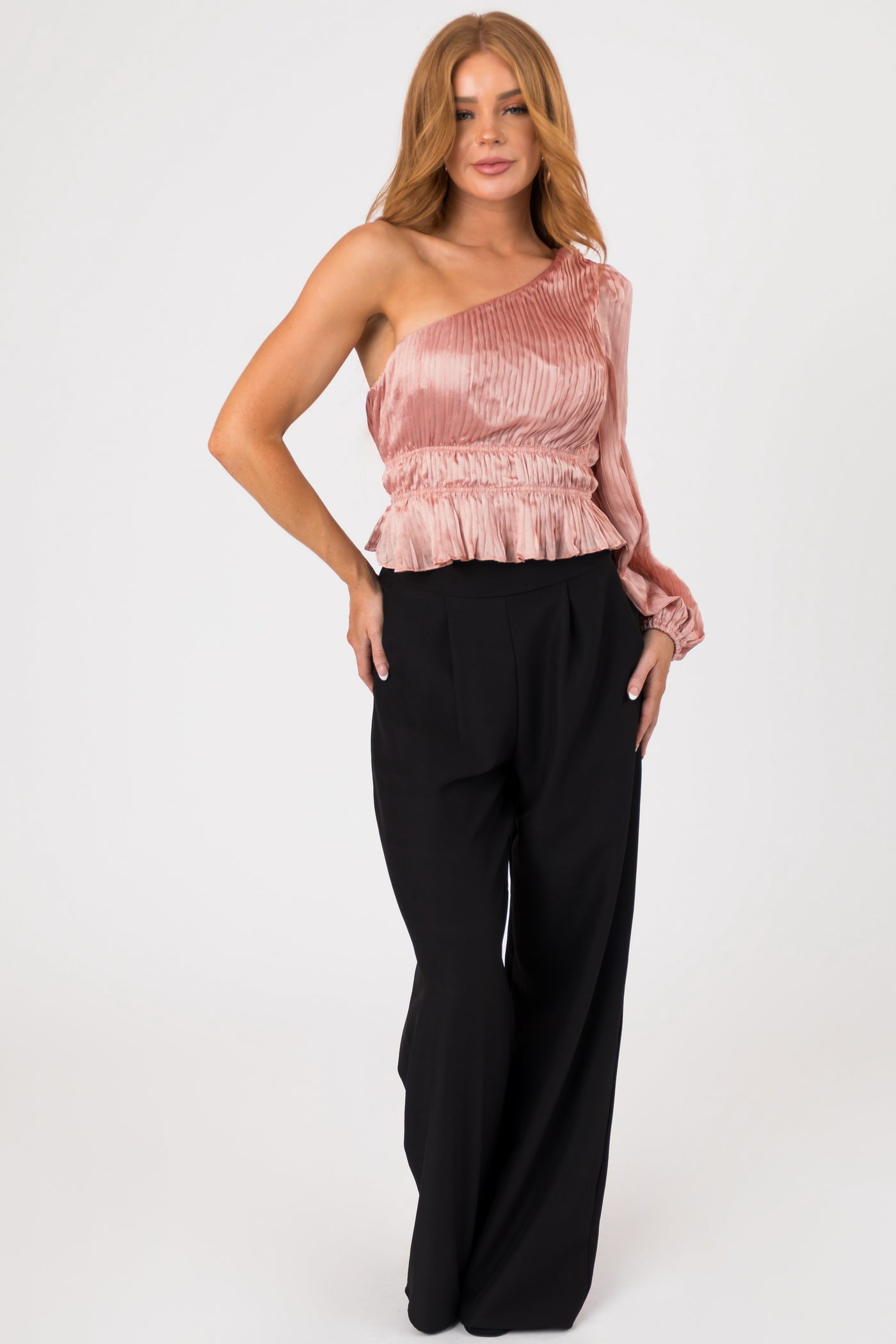 Dusty Blush Sheen Pleated One Shoulder Blouse