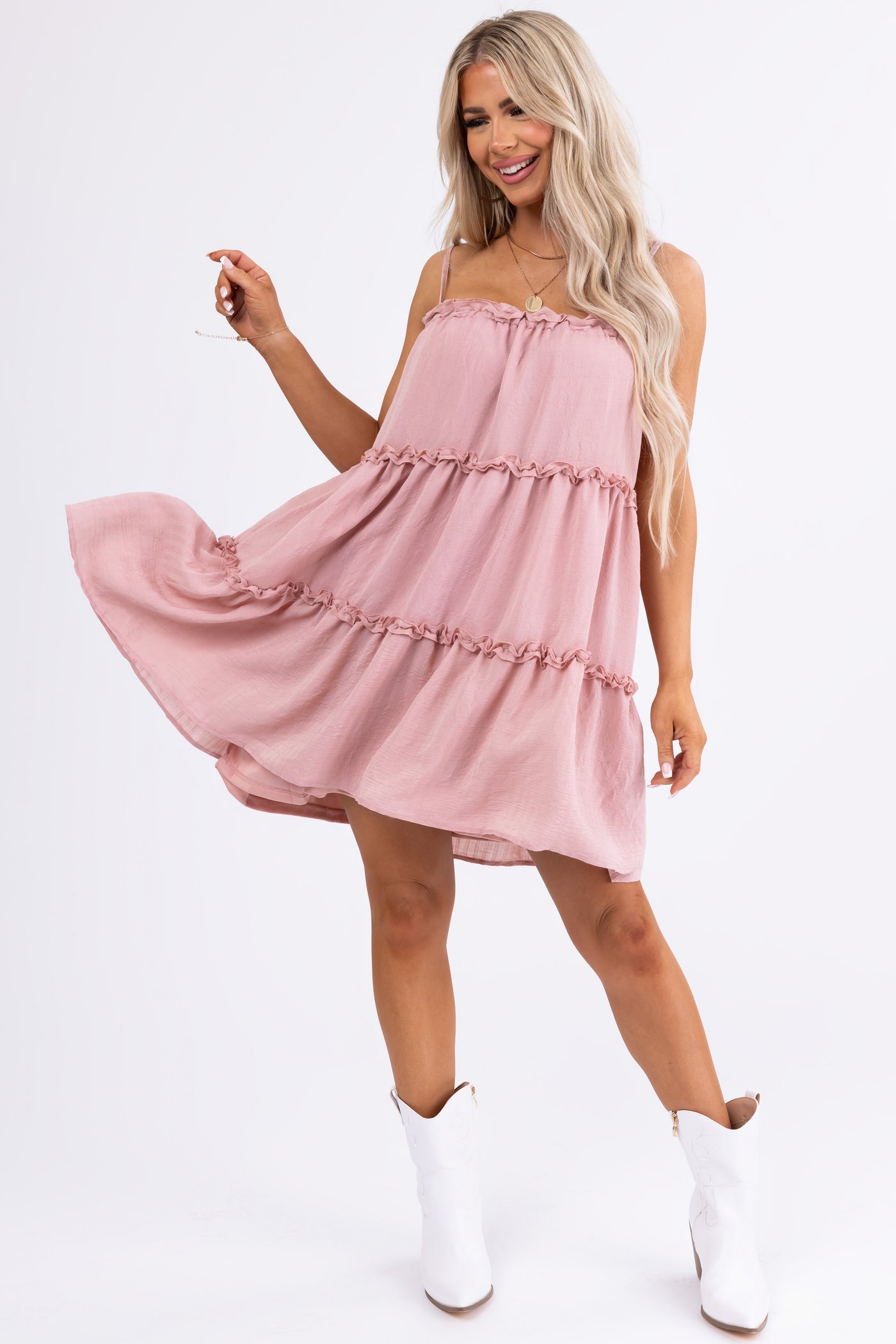 Dusty Blush Sleeveless Frill Tiered Mini Dress