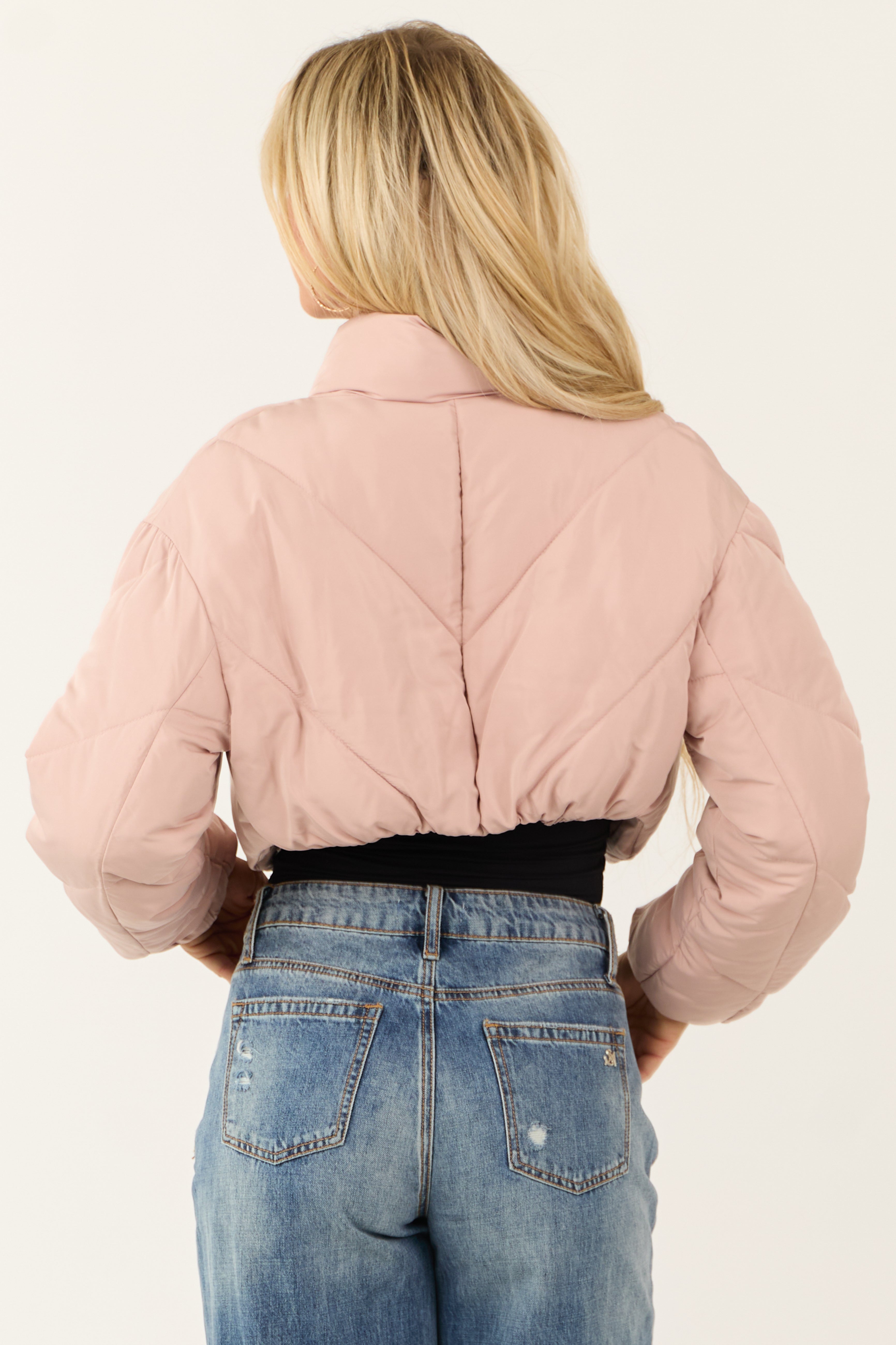 Dusty Blush Super Cropped Zip Up Puffer Jacket | Lime Lush