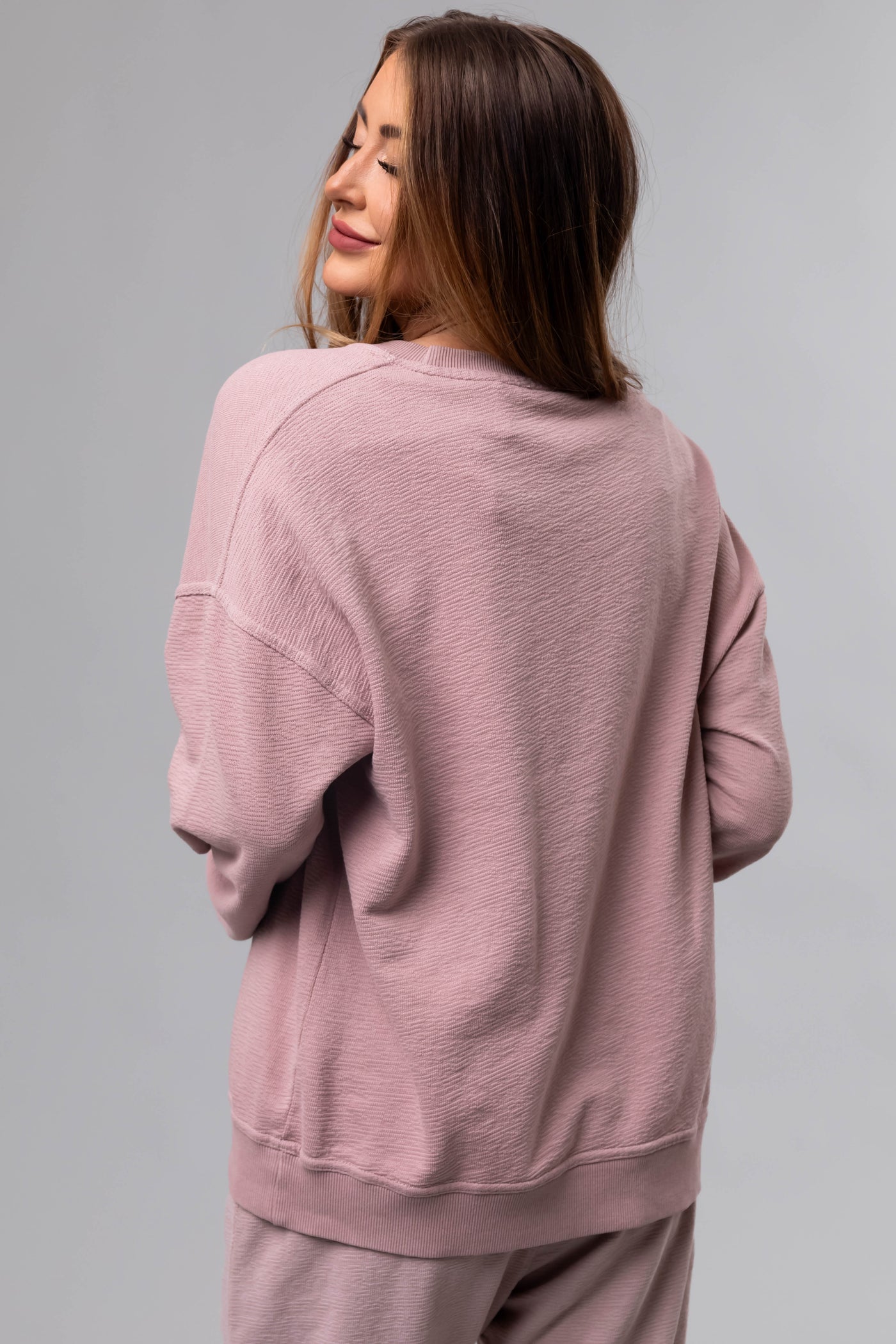 Dusty Blush Textured Cotton Crew Neck Sweatshirt