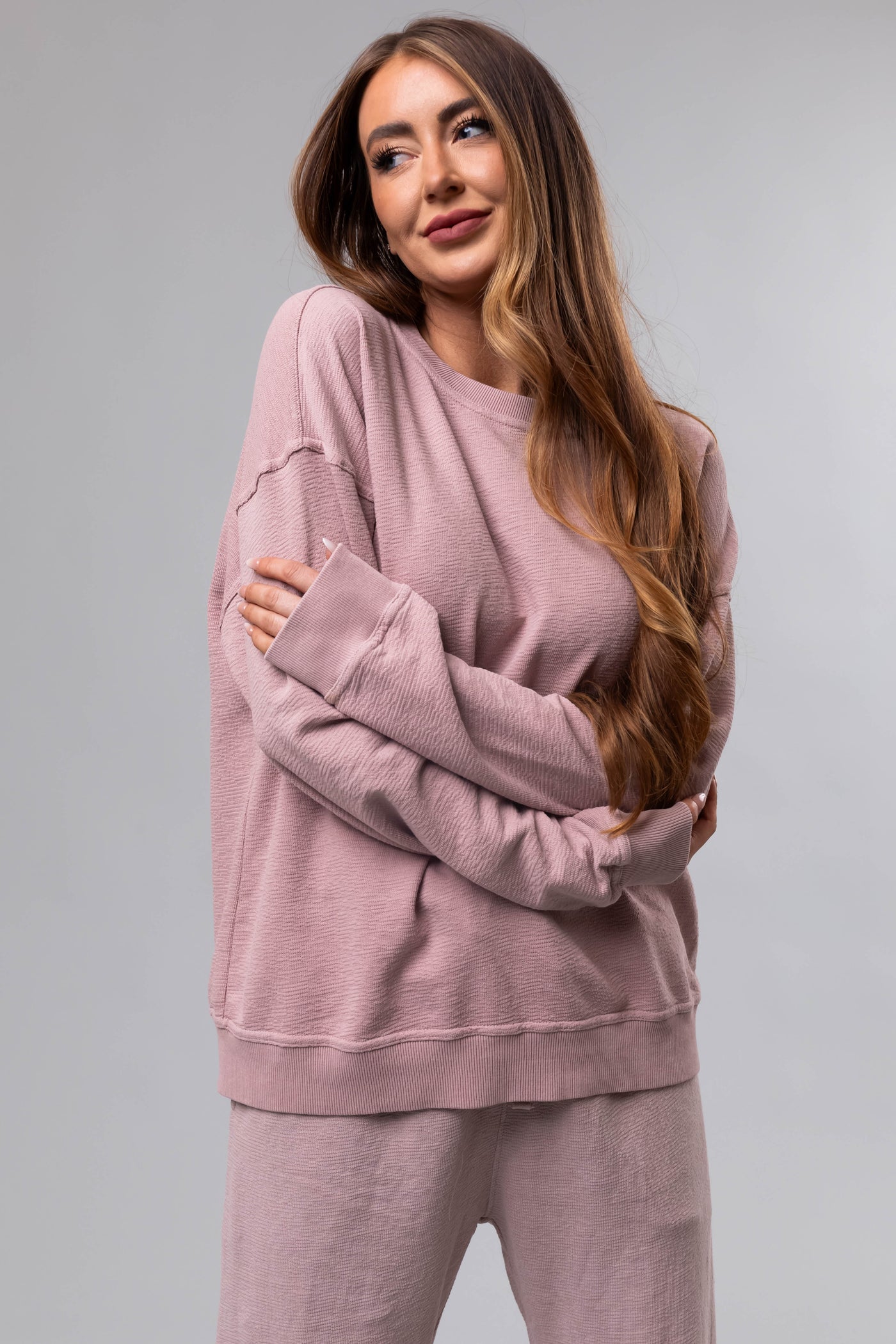 Dusty Blush Textured Cotton Crew Neck Sweatshirt