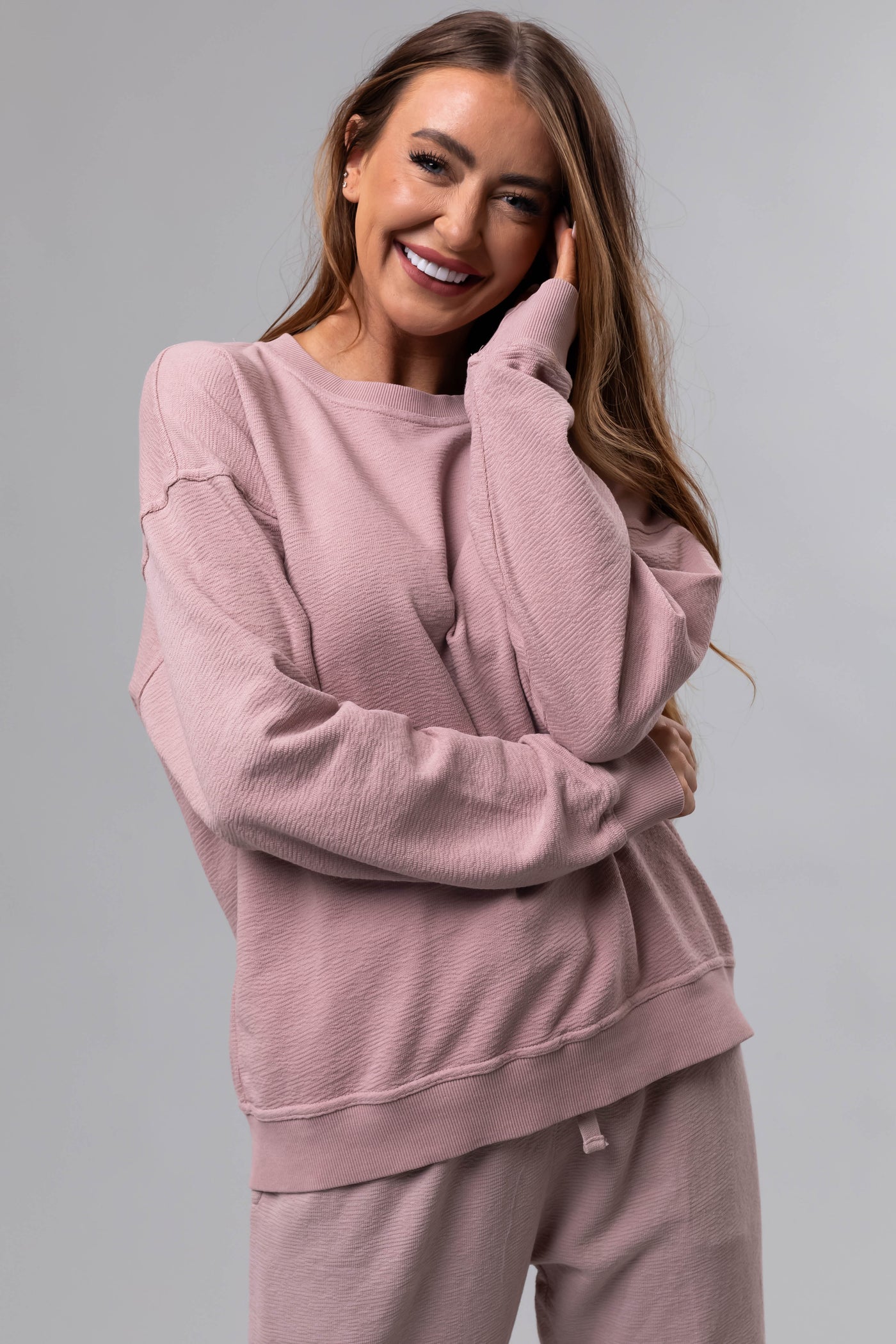 Dusty Blush Textured Cotton Crew Neck Sweatshirt