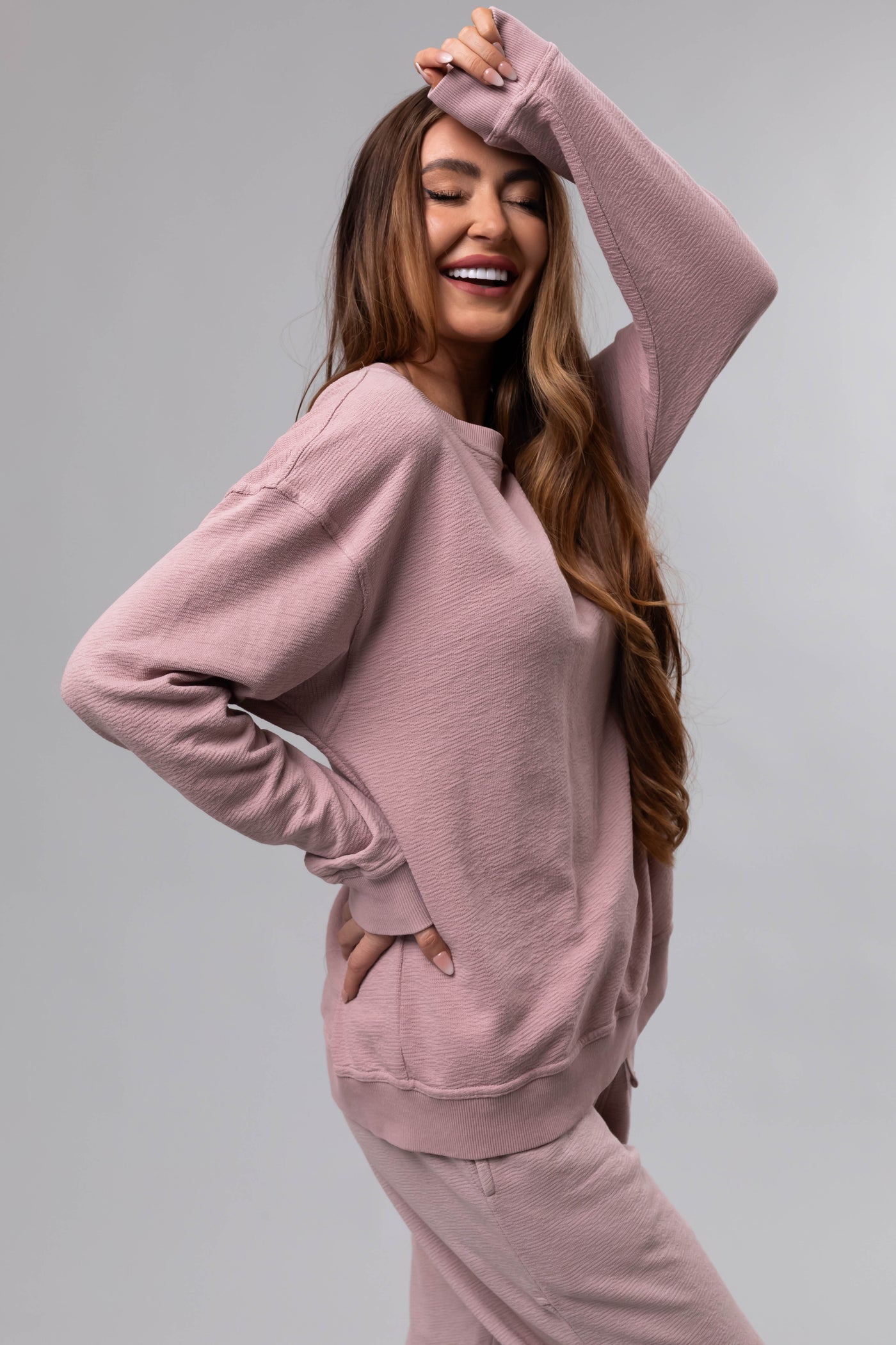 Dusty Blush Textured Cotton Crew Neck Sweatshirt