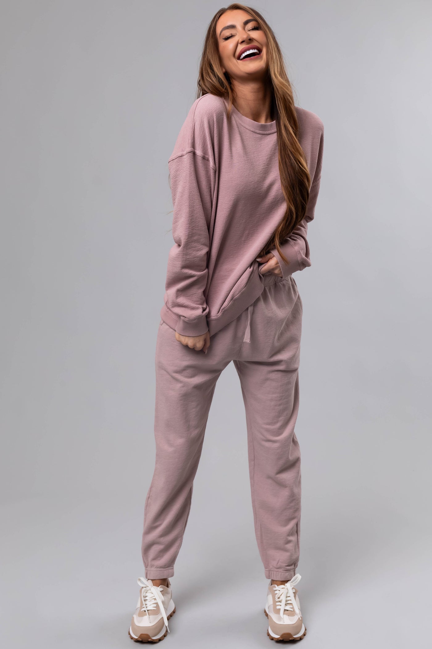 Dusty Blush Textured Knit Drawstring Joggers