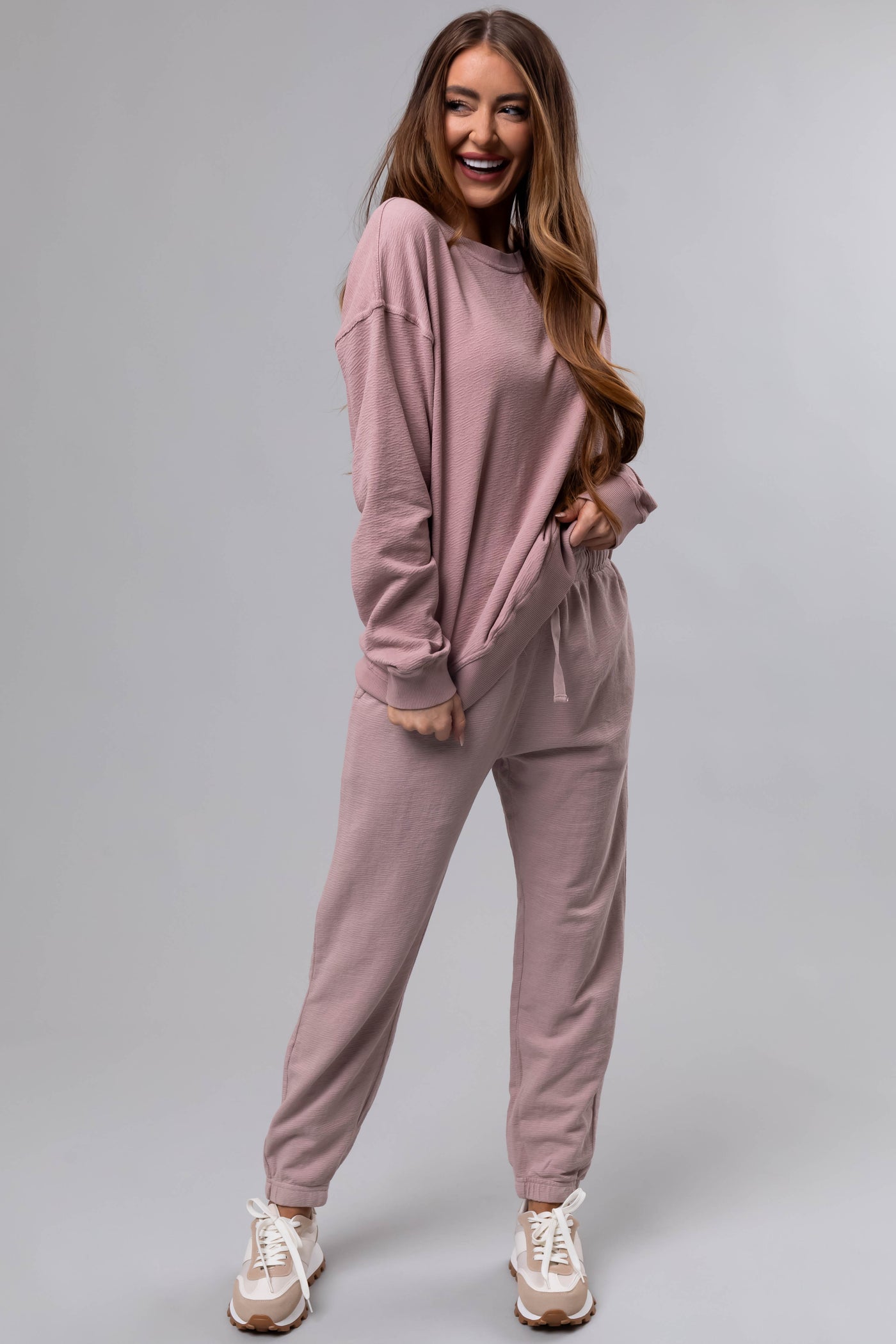 Dusty Blush Textured Knit Drawstring Joggers