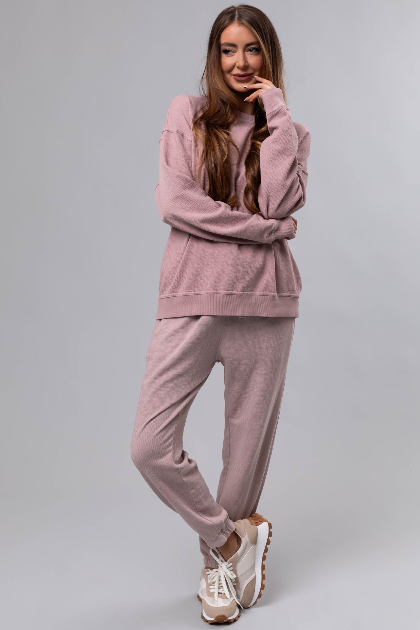 Dusty Blush Textured Knit Drawstring Joggers