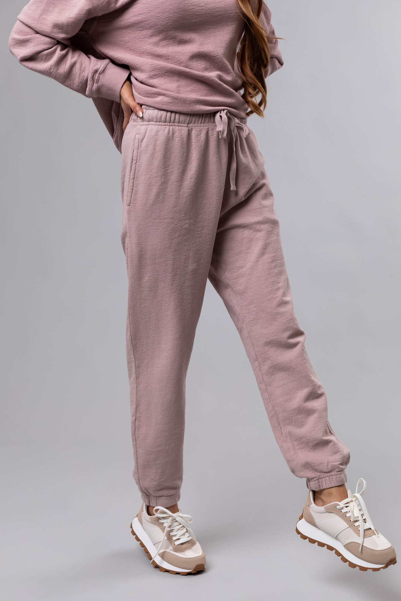 Dusty Blush Textured Knit Drawstring Joggers