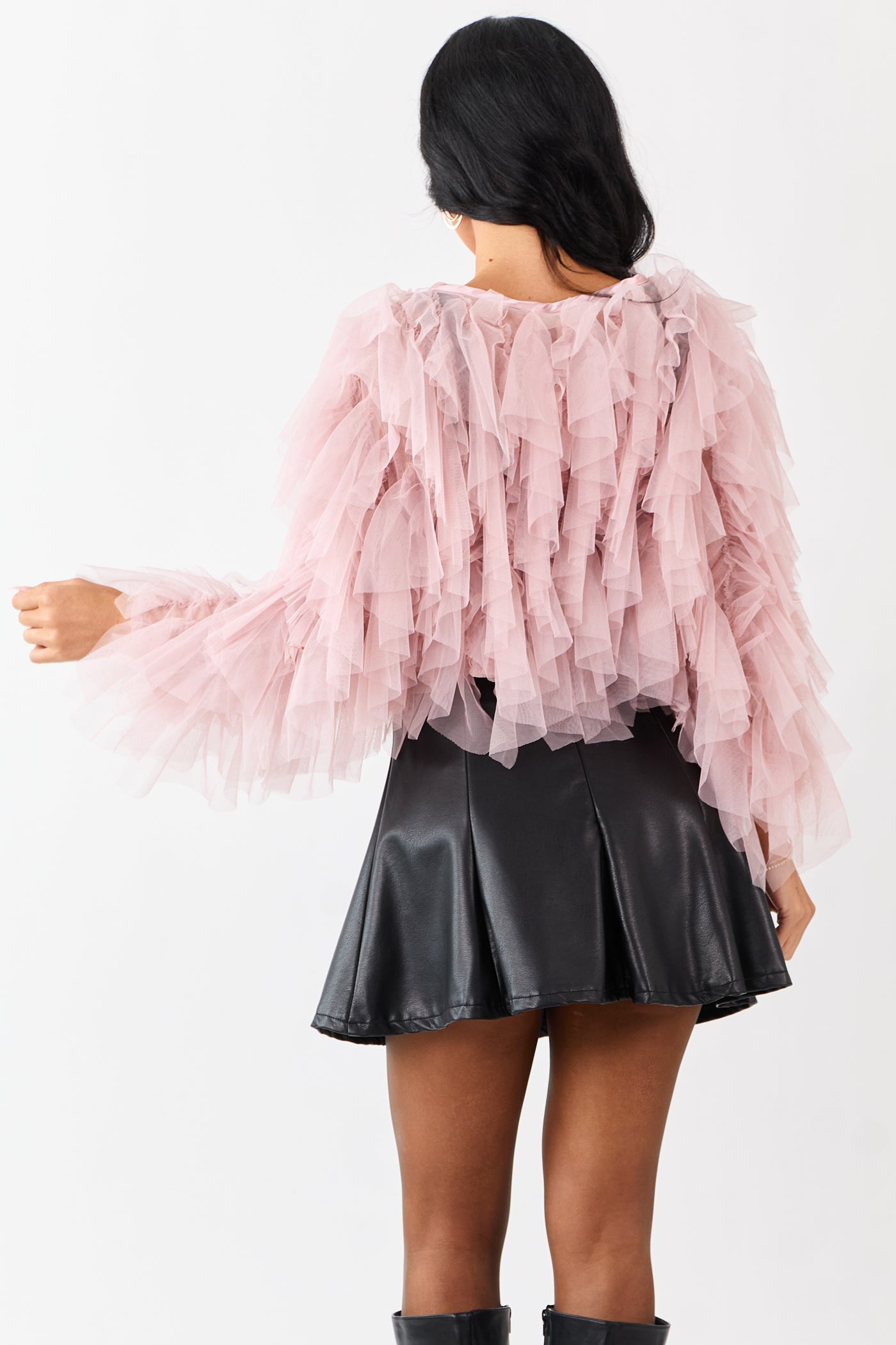 Dusty Blush Tulle Ruffle Cropped Cardigan