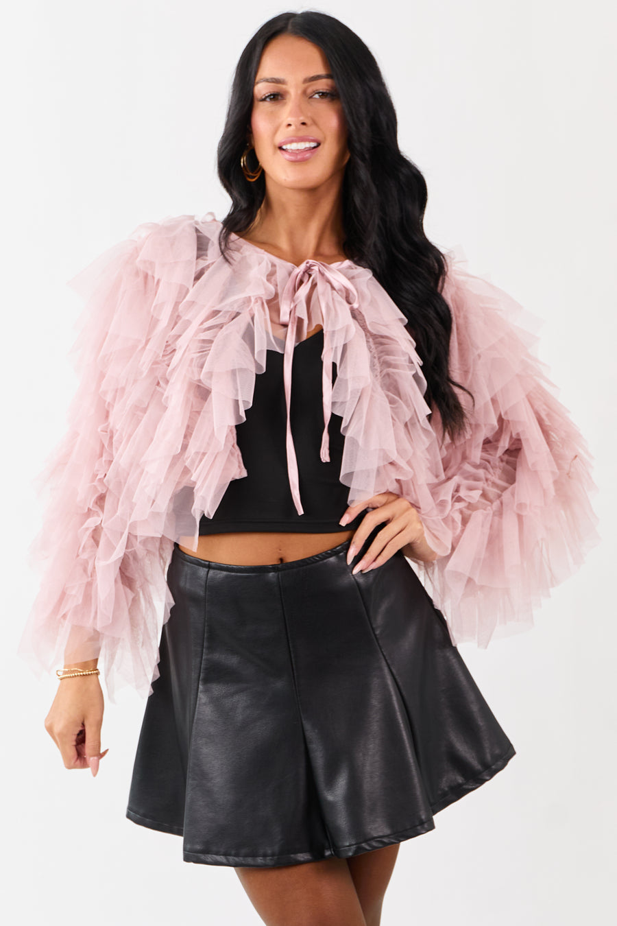 Dusty Blush Tulle Ruffle Cropped Cardigan