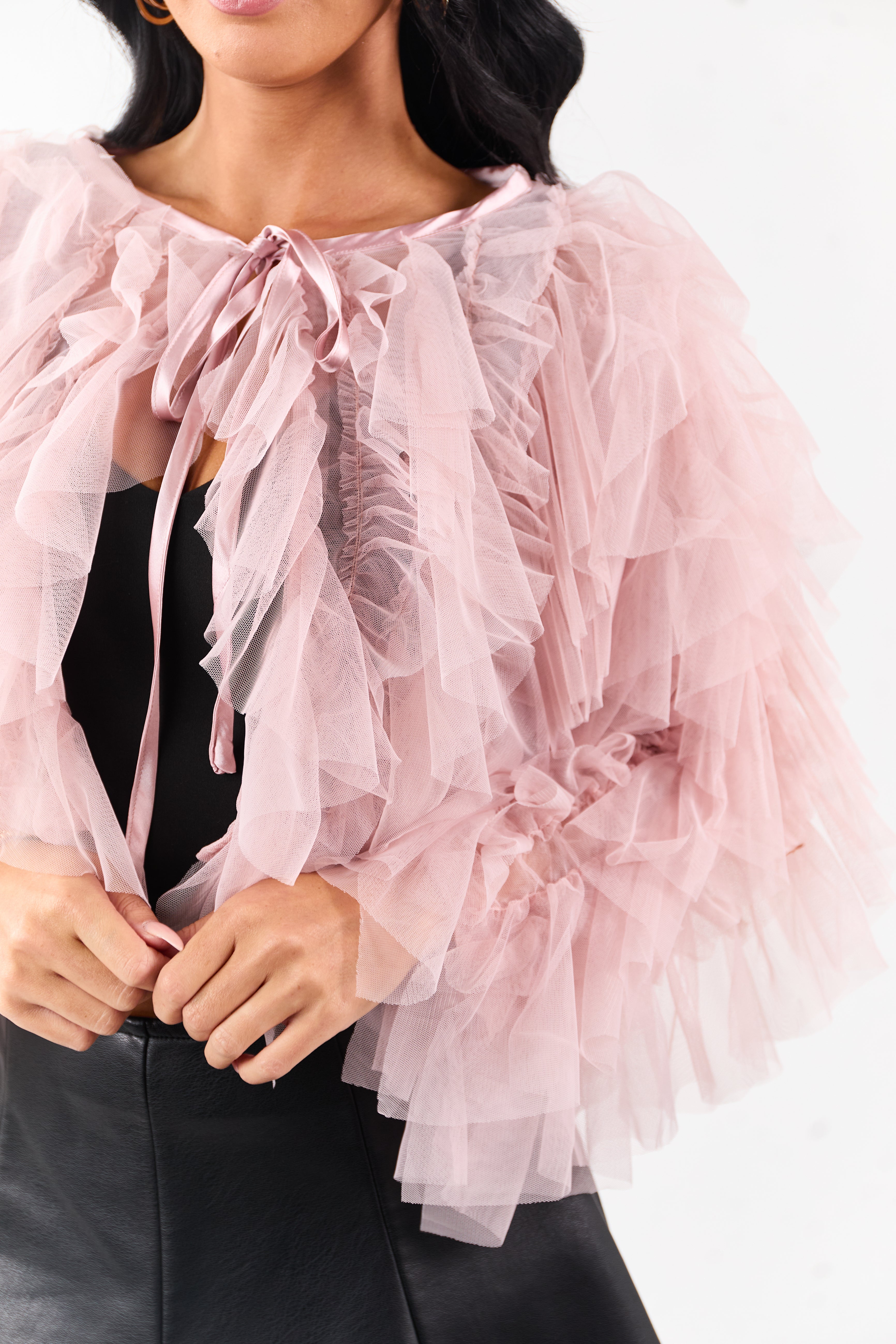 Dusty Blush Tulle Ruffle Cropped Cardigan