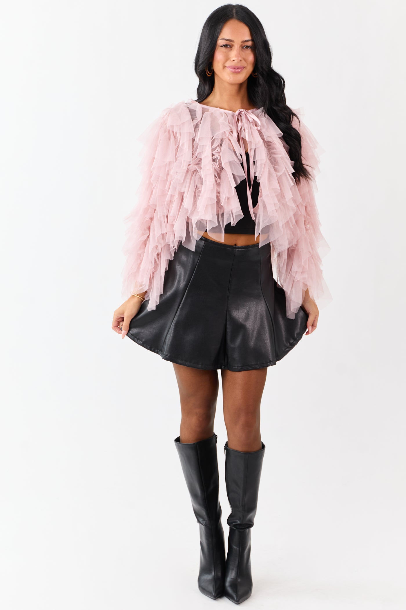 Dusty Blush Tulle Ruffle Cropped Cardigan