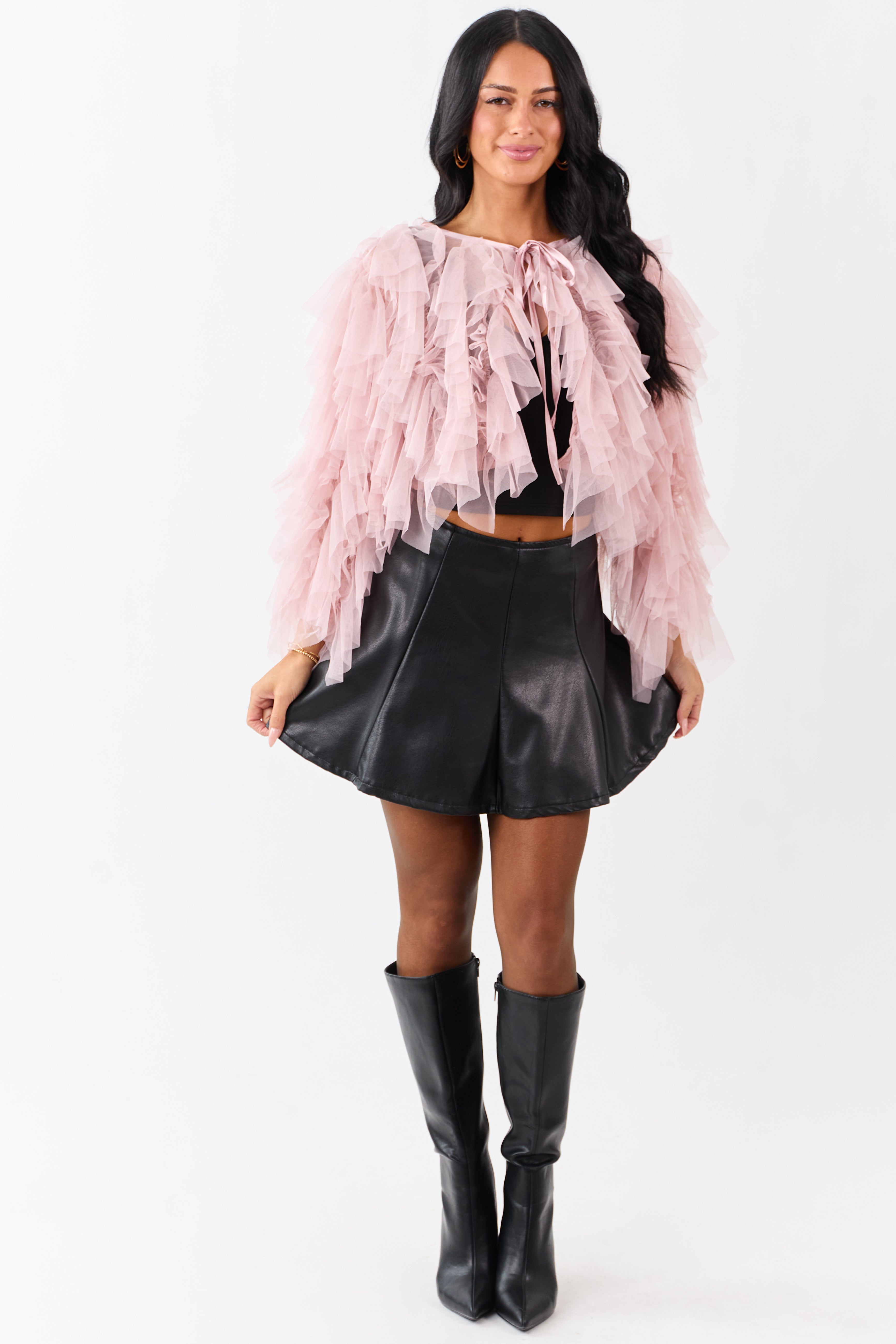 Dusty Blush Tulle Ruffle Cropped Cardigan