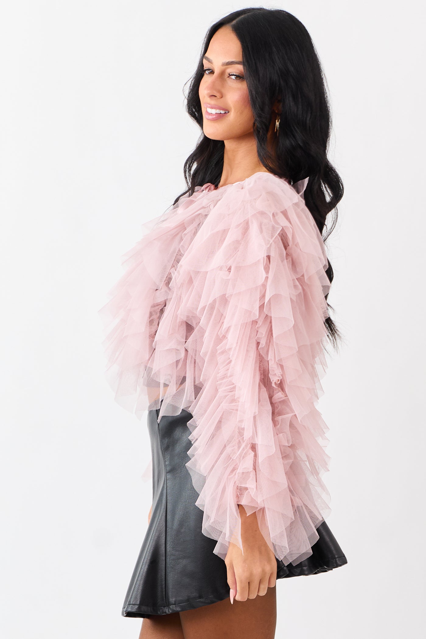Dusty Blush Tulle Ruffle Cropped Cardigan