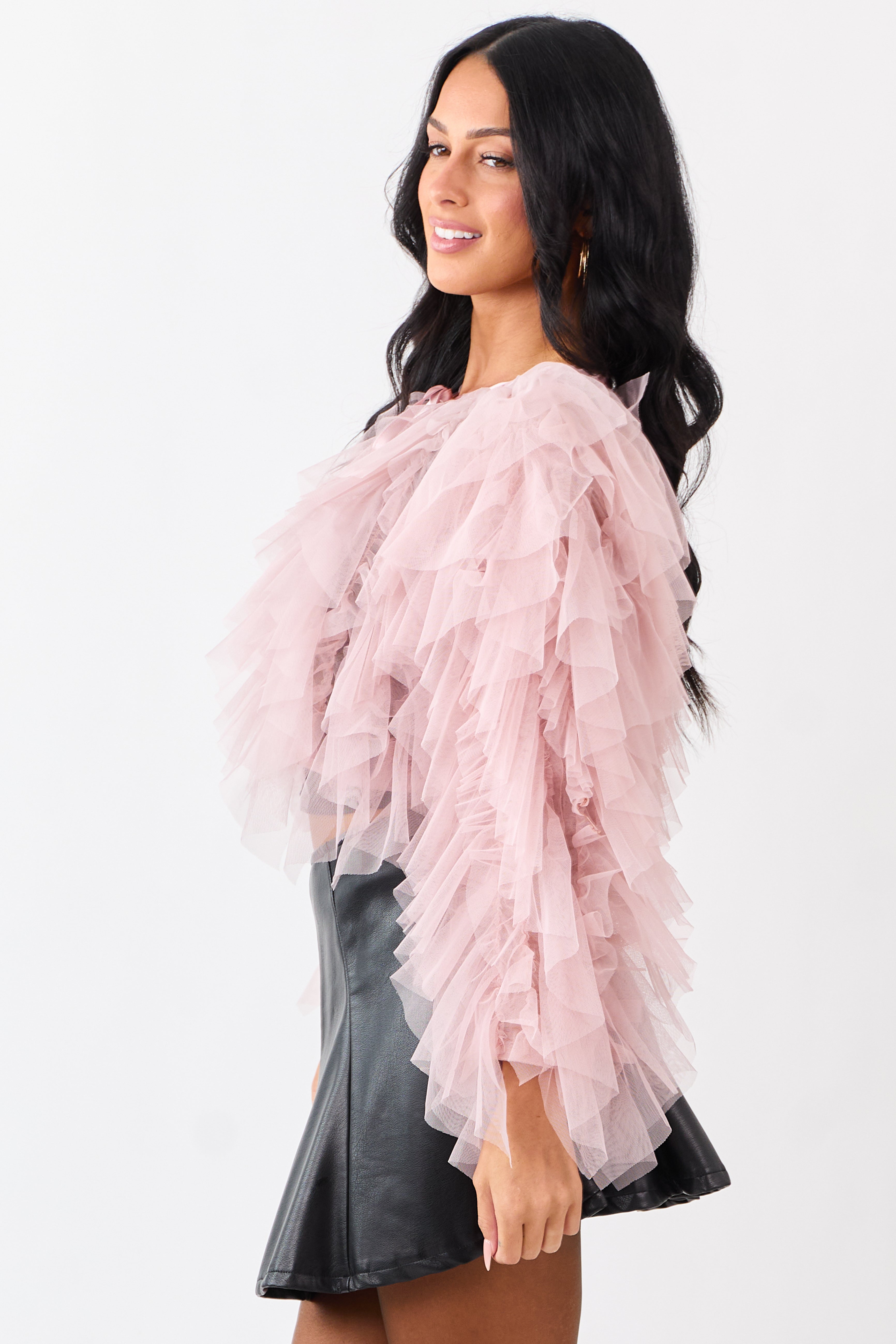 Dusty Blush Tulle Ruffle Cropped Cardigan