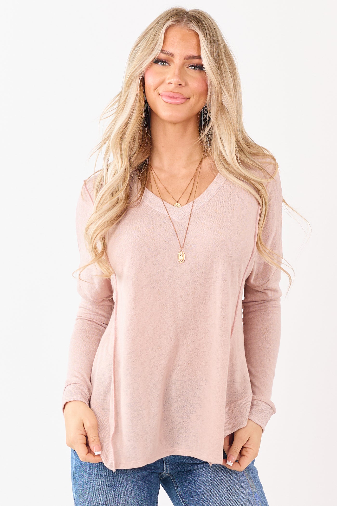 Dusty Blush V-Neck Hacci Slub Knit Relaxed Top
