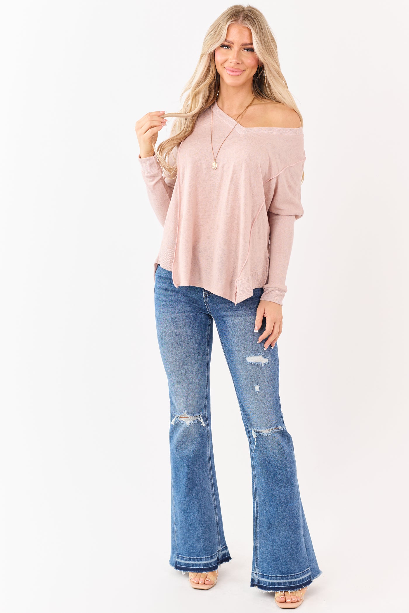 Dusty Blush V-Neck Hacci Slub Knit Relaxed Top