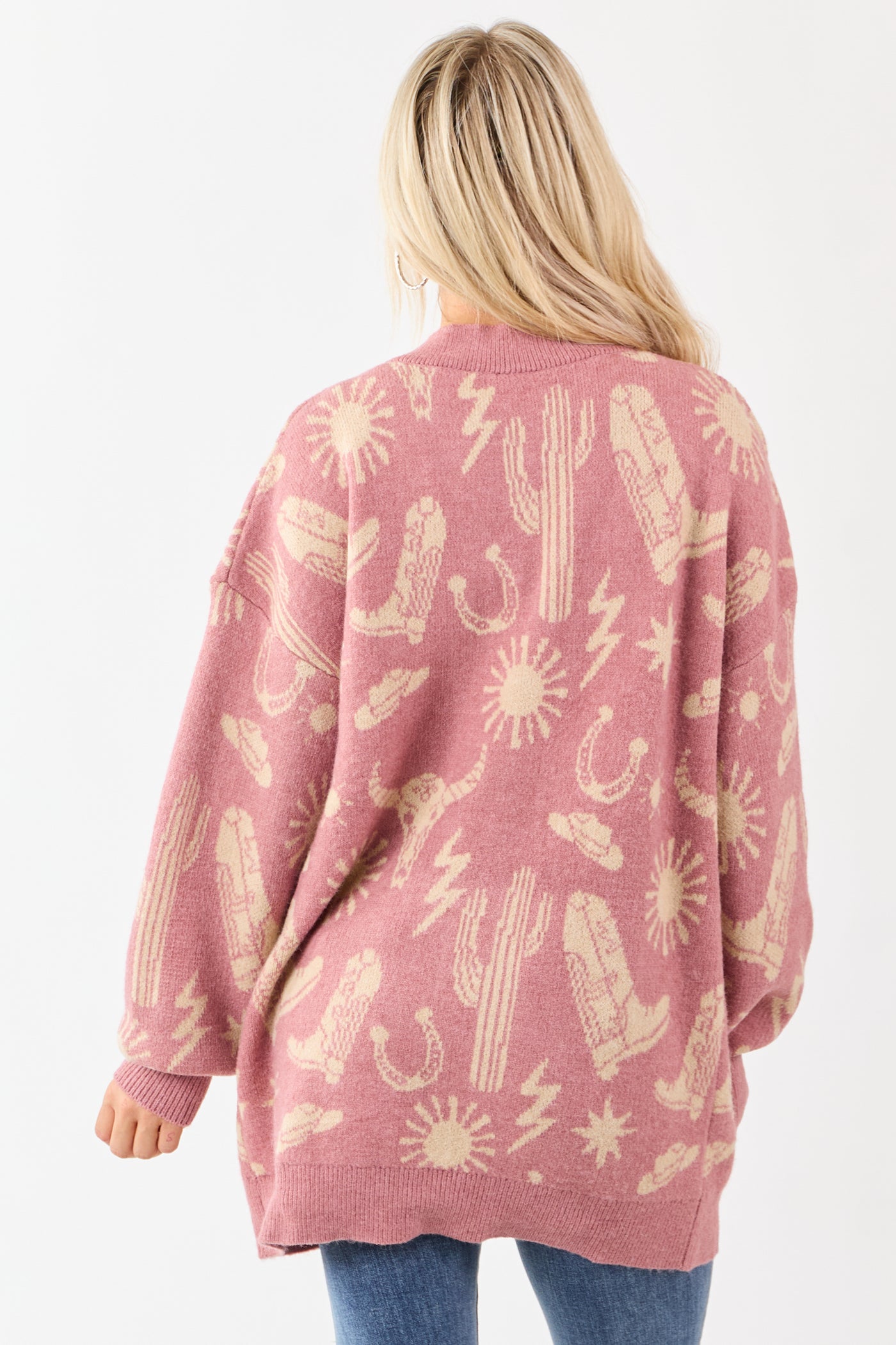 Dusty Blush Western Print Open Front Ribbed Trim Cardigan