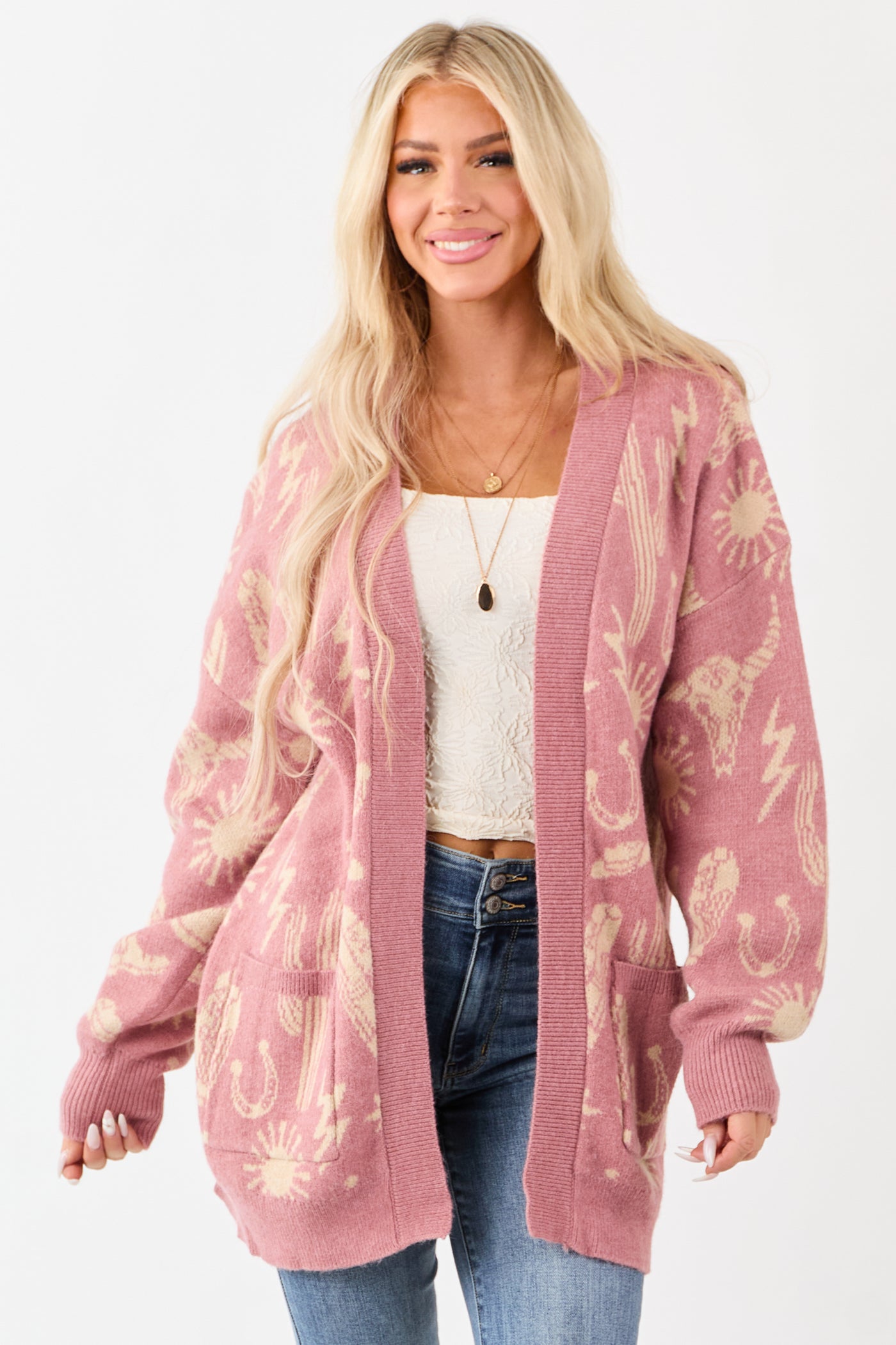 Dusty Blush Western Print Open Front Ribbed Trim Cardigan