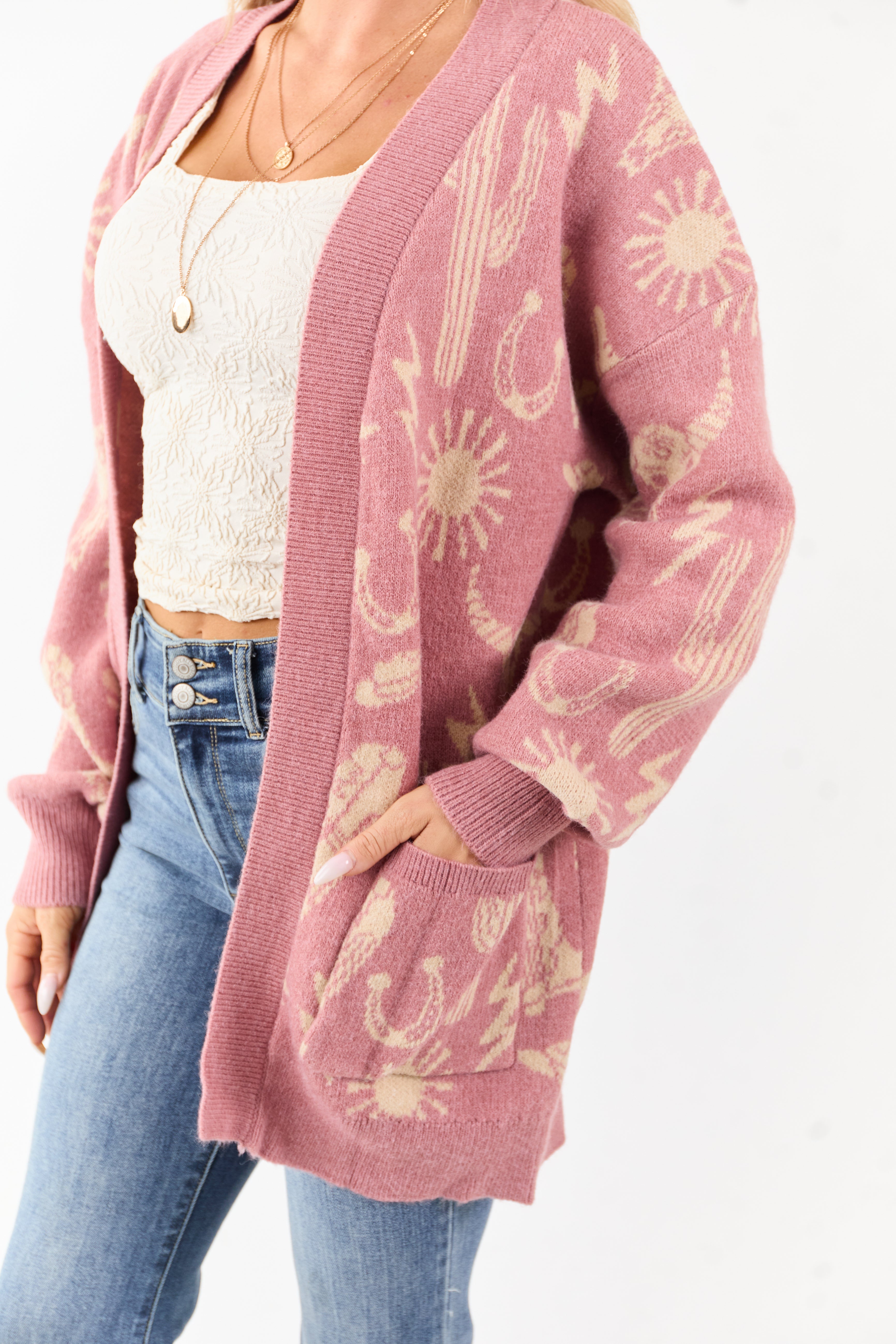 Dusty Blush Western Print Open Front Ribbed Trim Cardigan