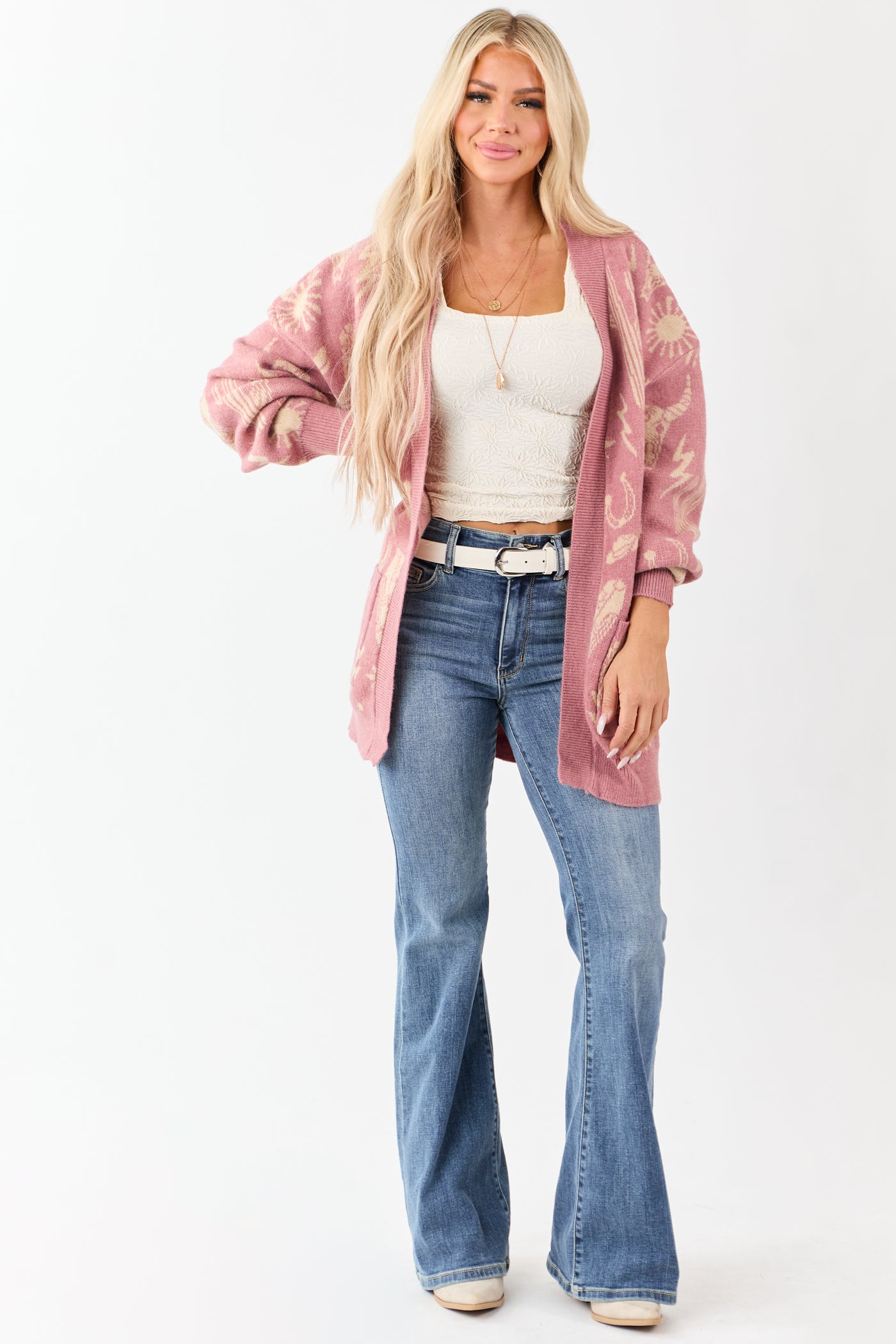 Dusty Blush Western Print Open Front Ribbed Trim Cardigan