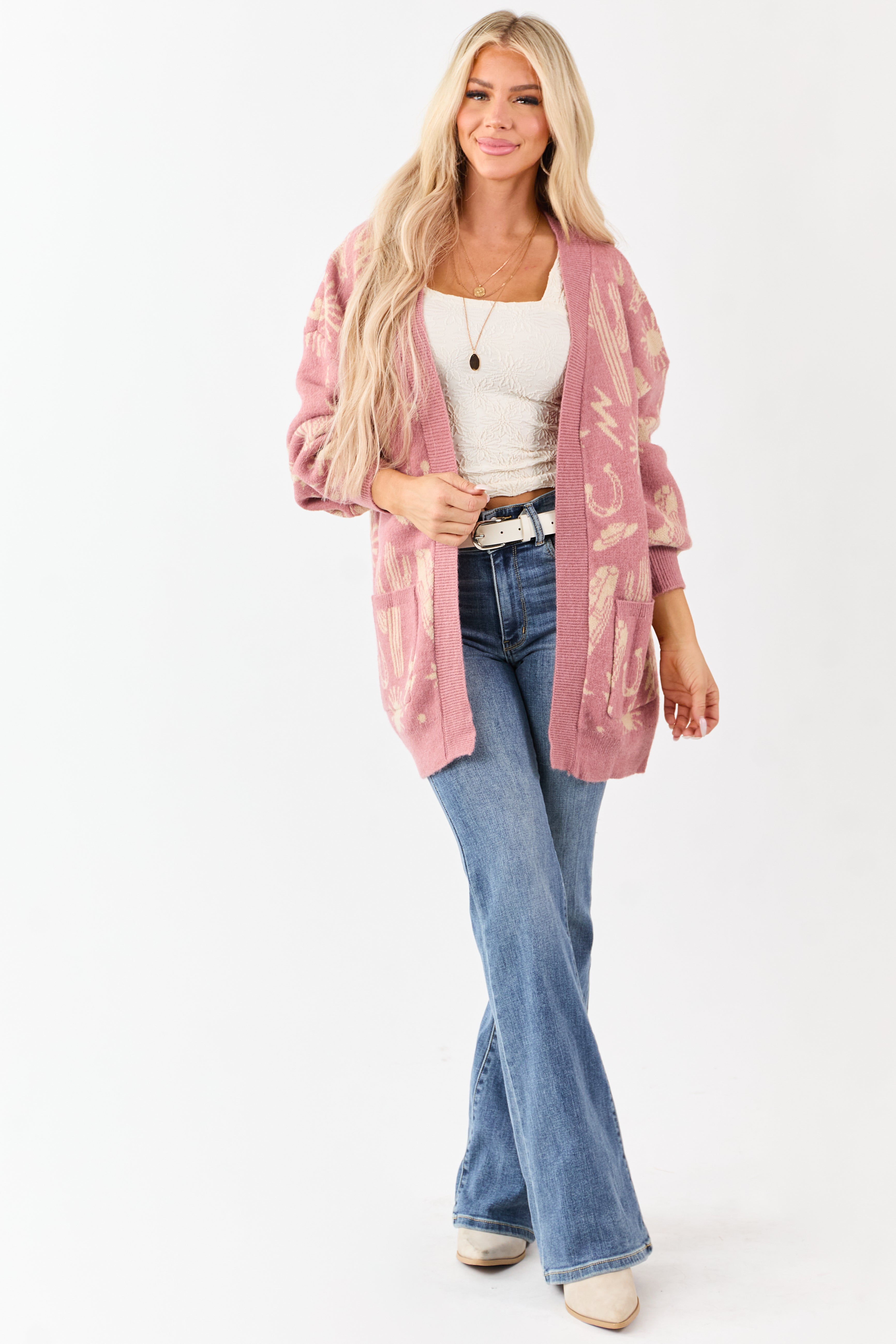Dusty Blush Western Print Open Front Ribbed Trim Cardigan