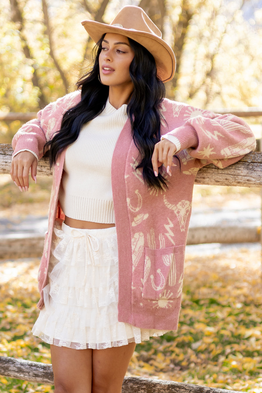 Dusty Blush Western Print Open Front Ribbed Trim Cardigan