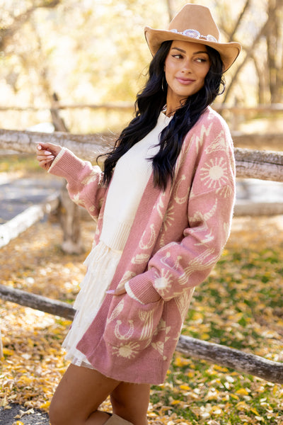 Dusty Blush Western Print Open Front Ribbed Trim Cardigan