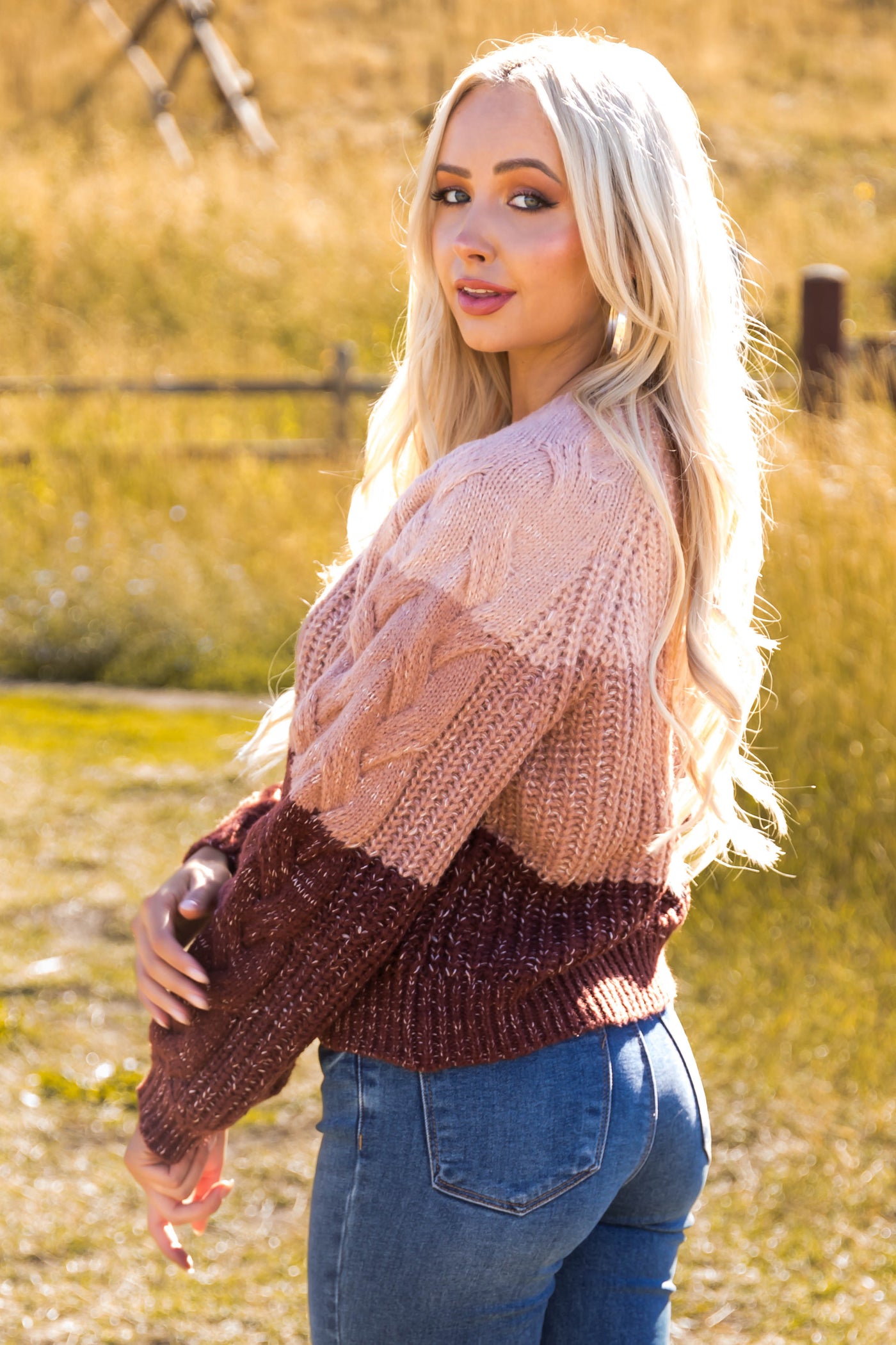 Dusty Blush and Eggplant Colorblock Sweater